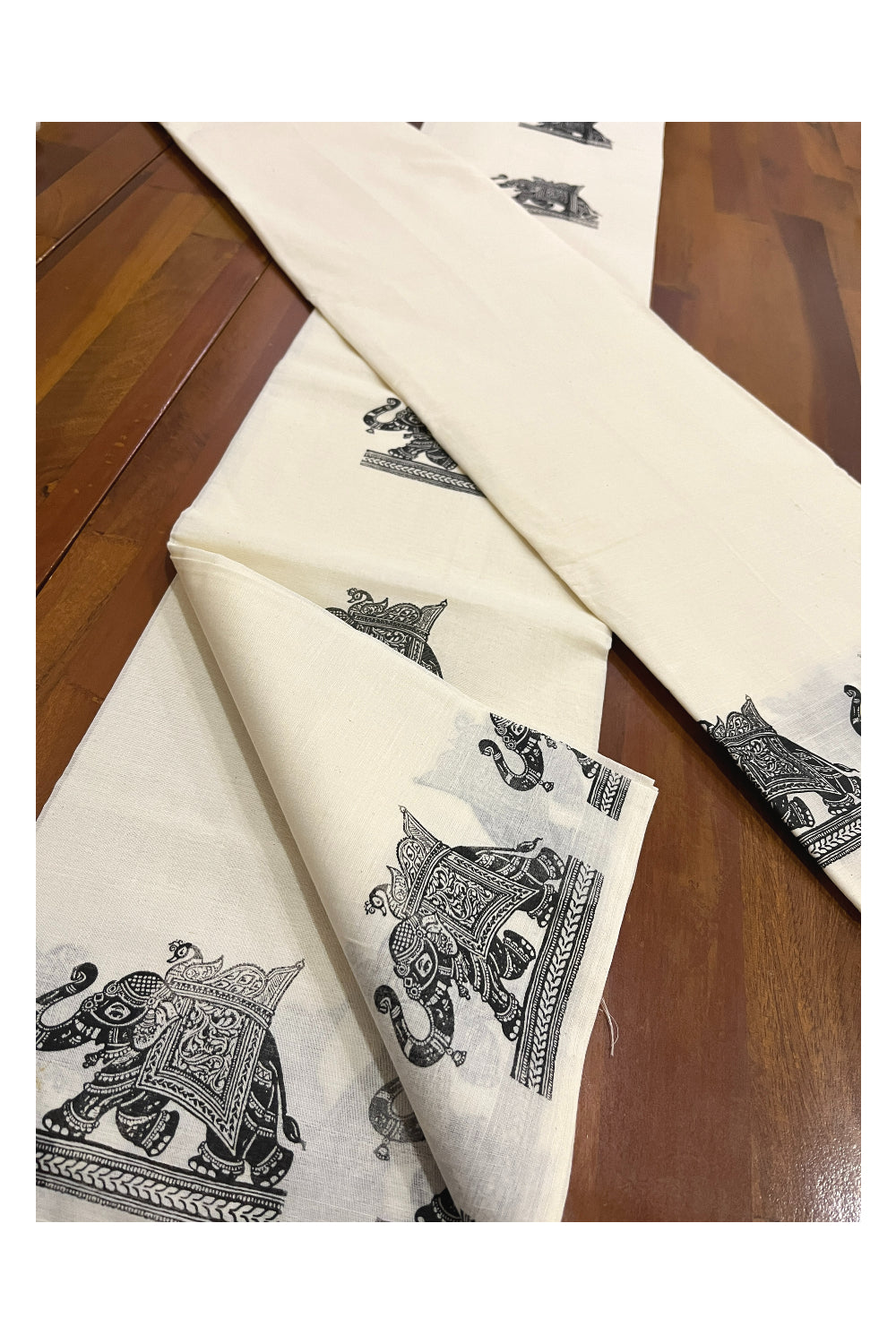 Southloom Pure Cotton Kerala Single Set Mundu with Black Elephant Block Prints