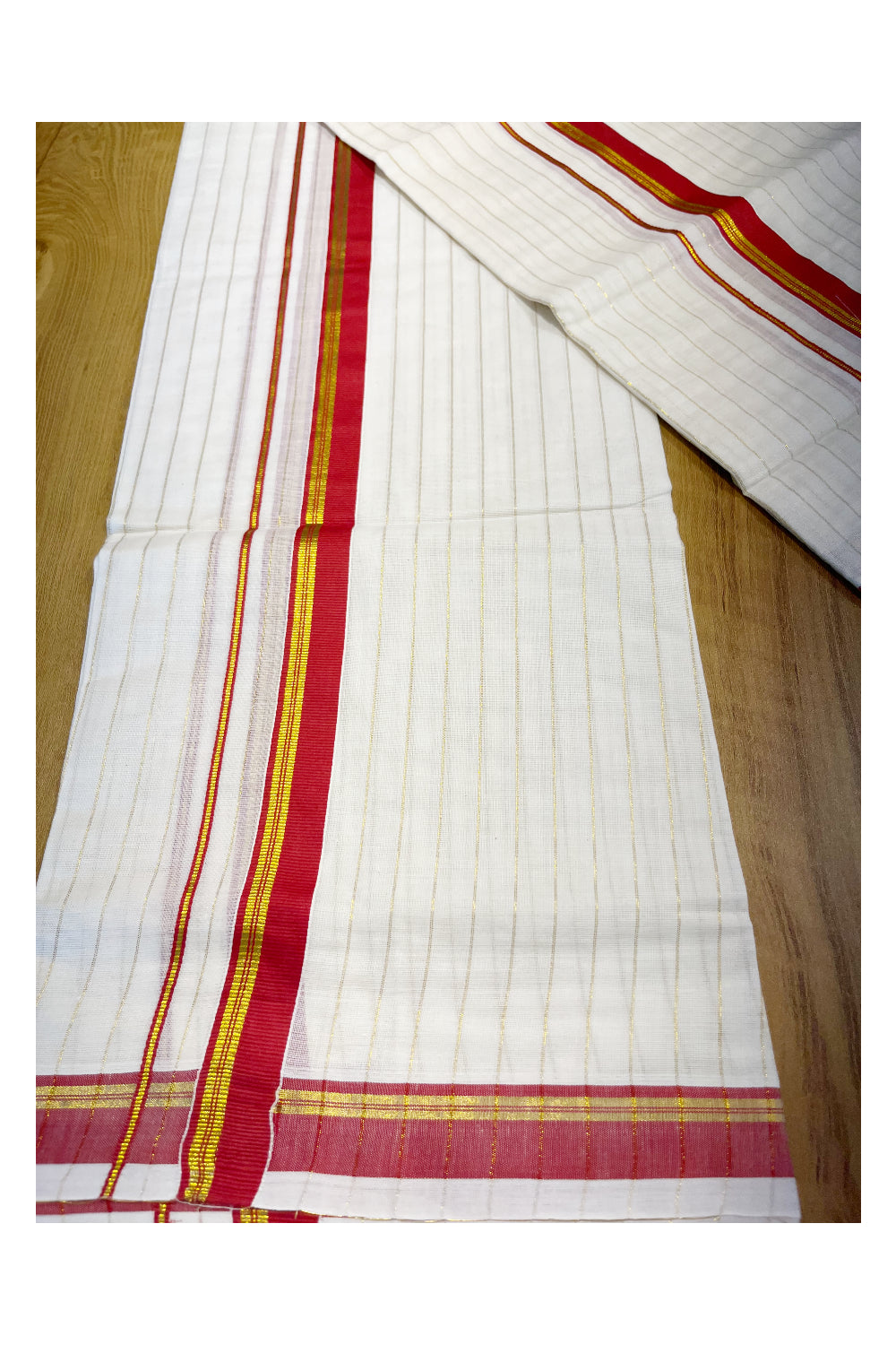 Kerala Cotton Set Mundu (Mundum Neriyathum) with Red Kasavu Lines Across Body 2.80 Mtrs