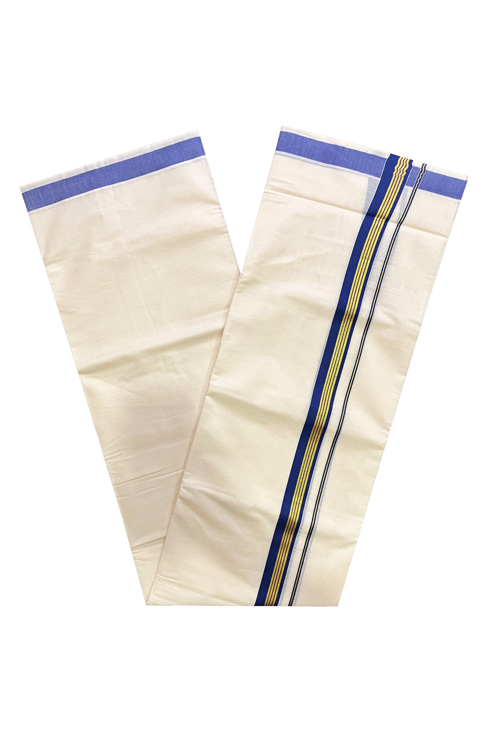 Off White Kerala Cotton Double Mundu with Kasavu and Blue Border (South Indian Kerala Dhoti)