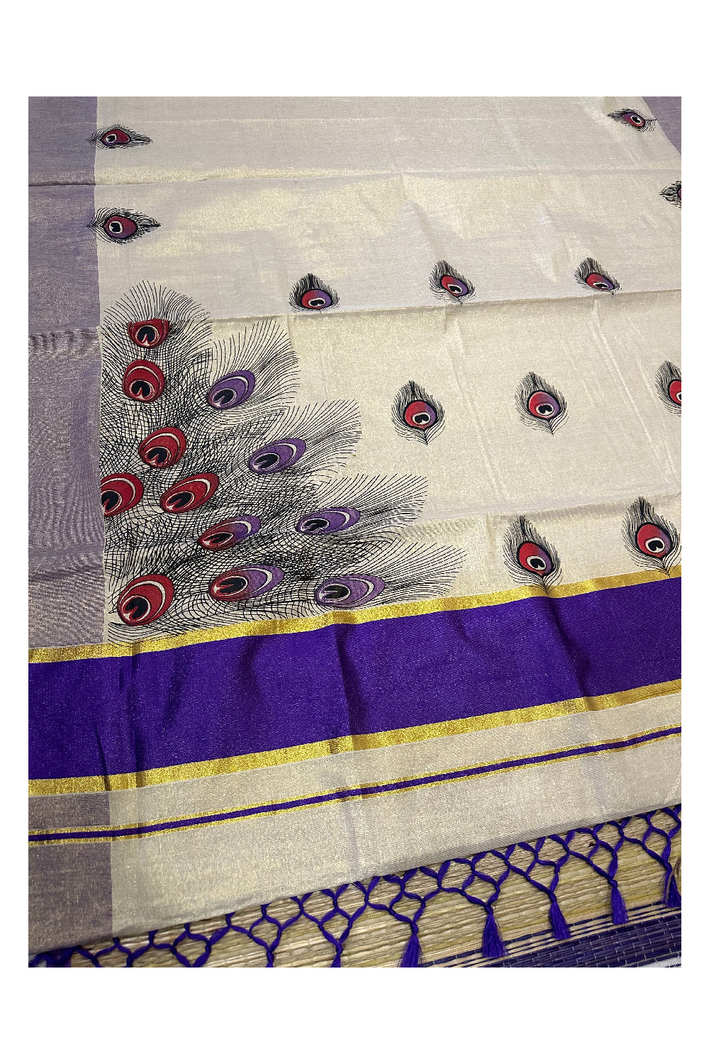 Kerala Tissue Kasavu Saree with Feather Block Prints and Violet Border (Onam Saree 2023)