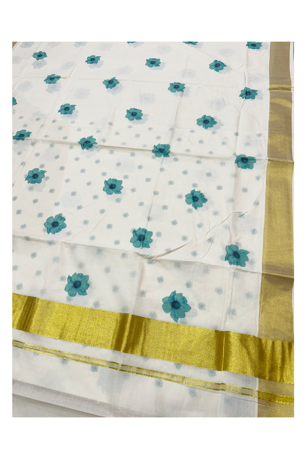 Southloom Exclusive Onam Kasavu Saree with Small Turquoise Floral High Quality Digital Print Across Body (Matching Printed Blouse Included)