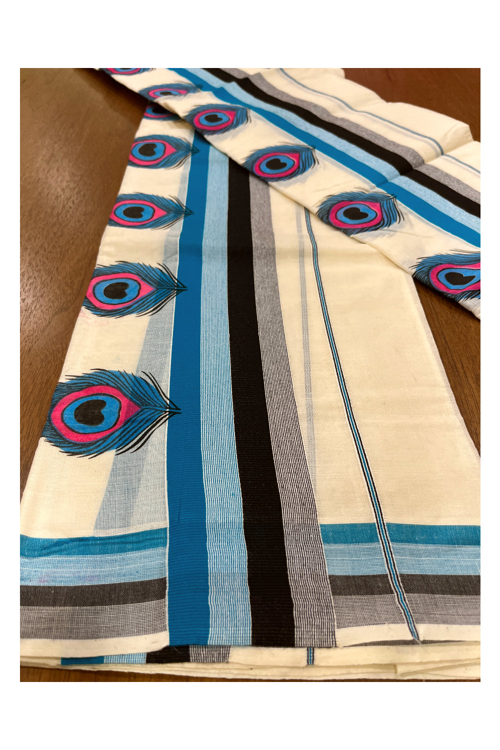 Kerala Cotton Set Mundu (Mundum Neriyathum) with Feather Block Prints on Blue and Black Border