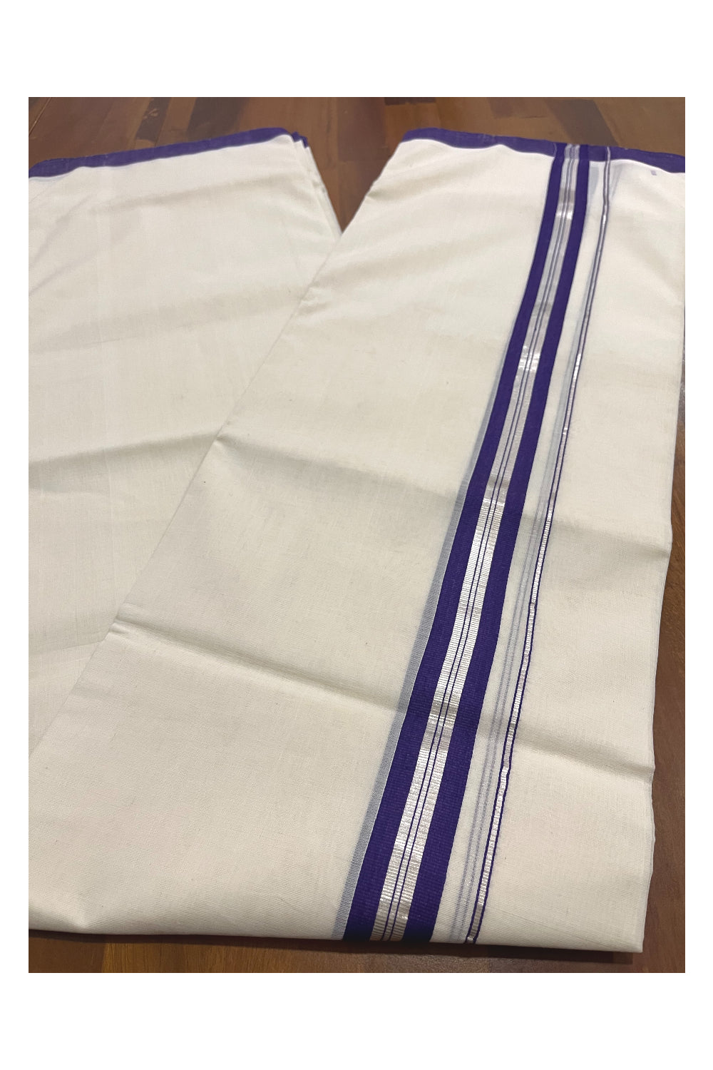 Southloom Premium Balaramapuram Unakkupaavu Handloom Mundu with Violet and Silver Kasavu Border (South Indian Kerala Dhoti)