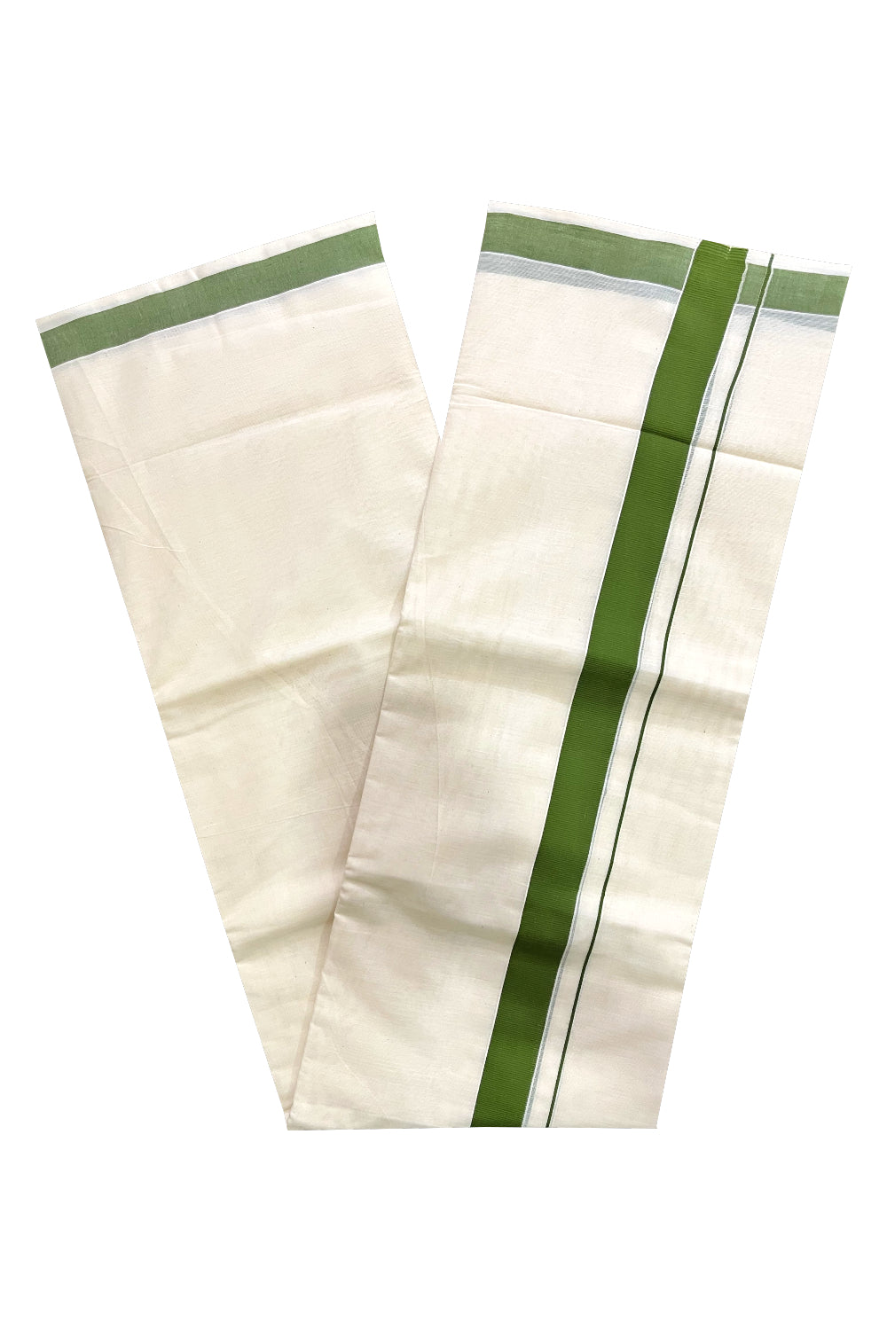 Kerala Pure Cotton Double Mundu with Olive Green Border