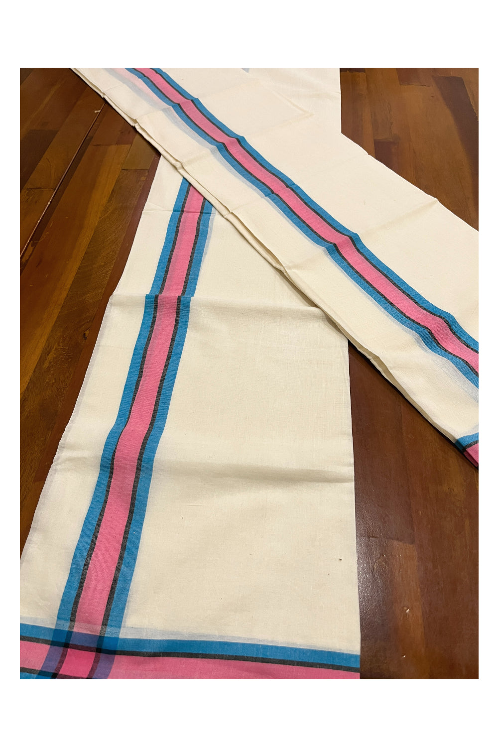 Kerala Cotton Mulloth Single Set Mundu (Mundum Neriyathum) with Blue and Pink Border (Extra Soft Cotton) 2.75 Mtrs