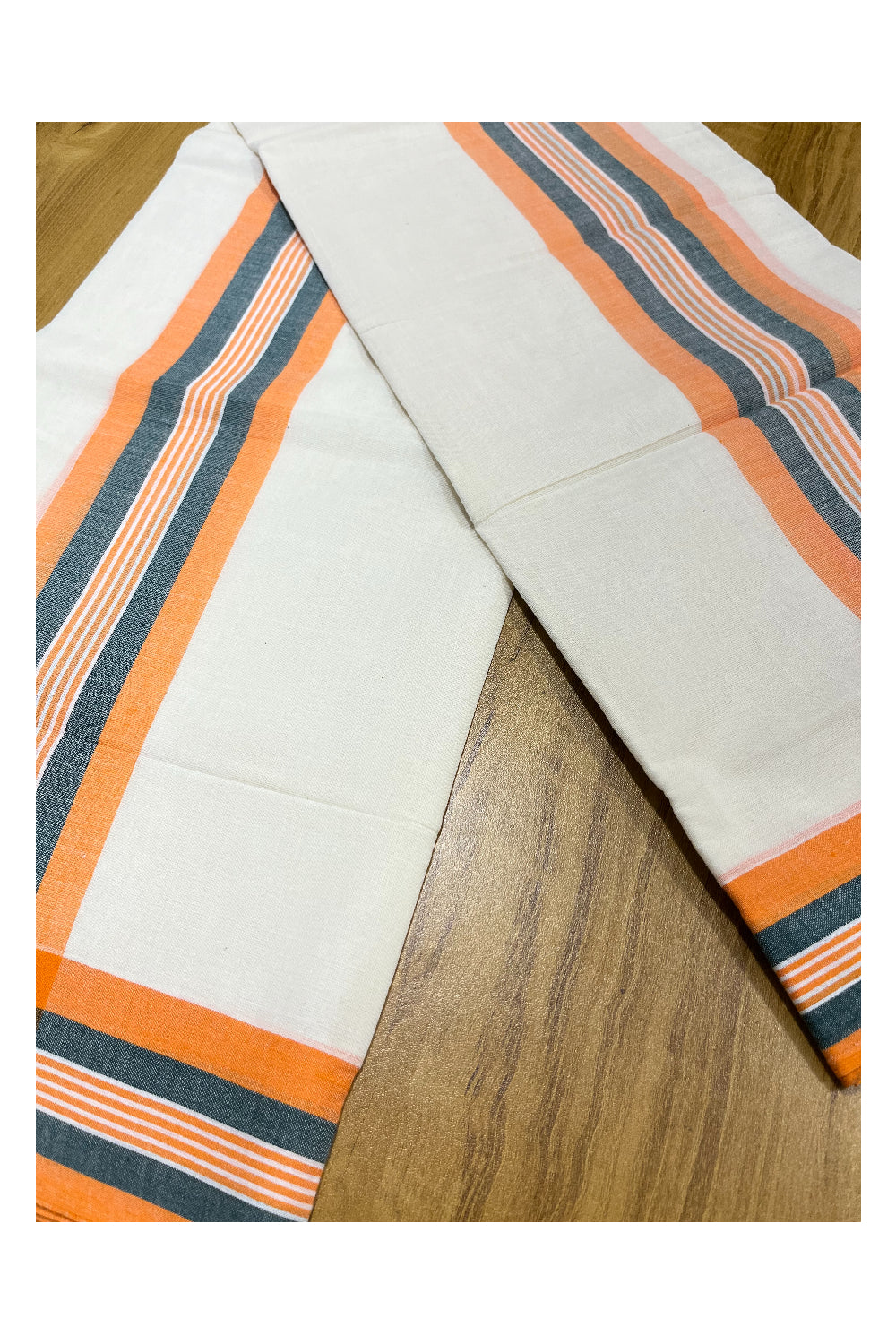 Pure Cotton Mundum Neriyathum (Set Mundu) with Orange and Green Border