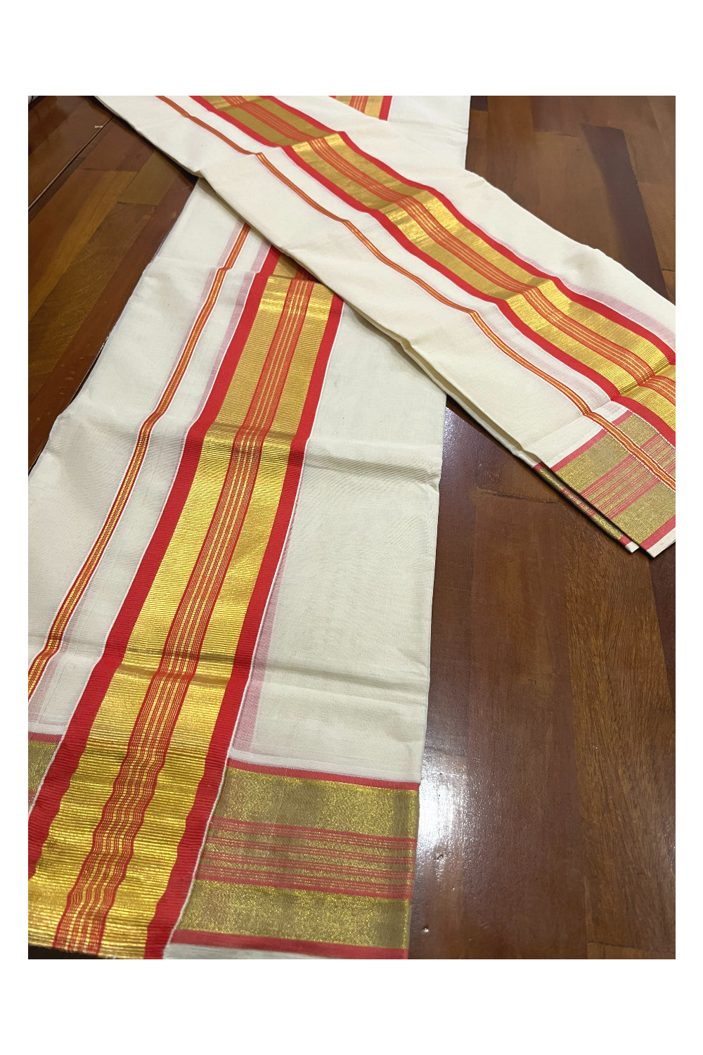 Pure Cotton Kerala Onam 2023 Set Mundu (Mundum Neriyathum) Single with Orange and Kasavu Border 2.80 Mtrs