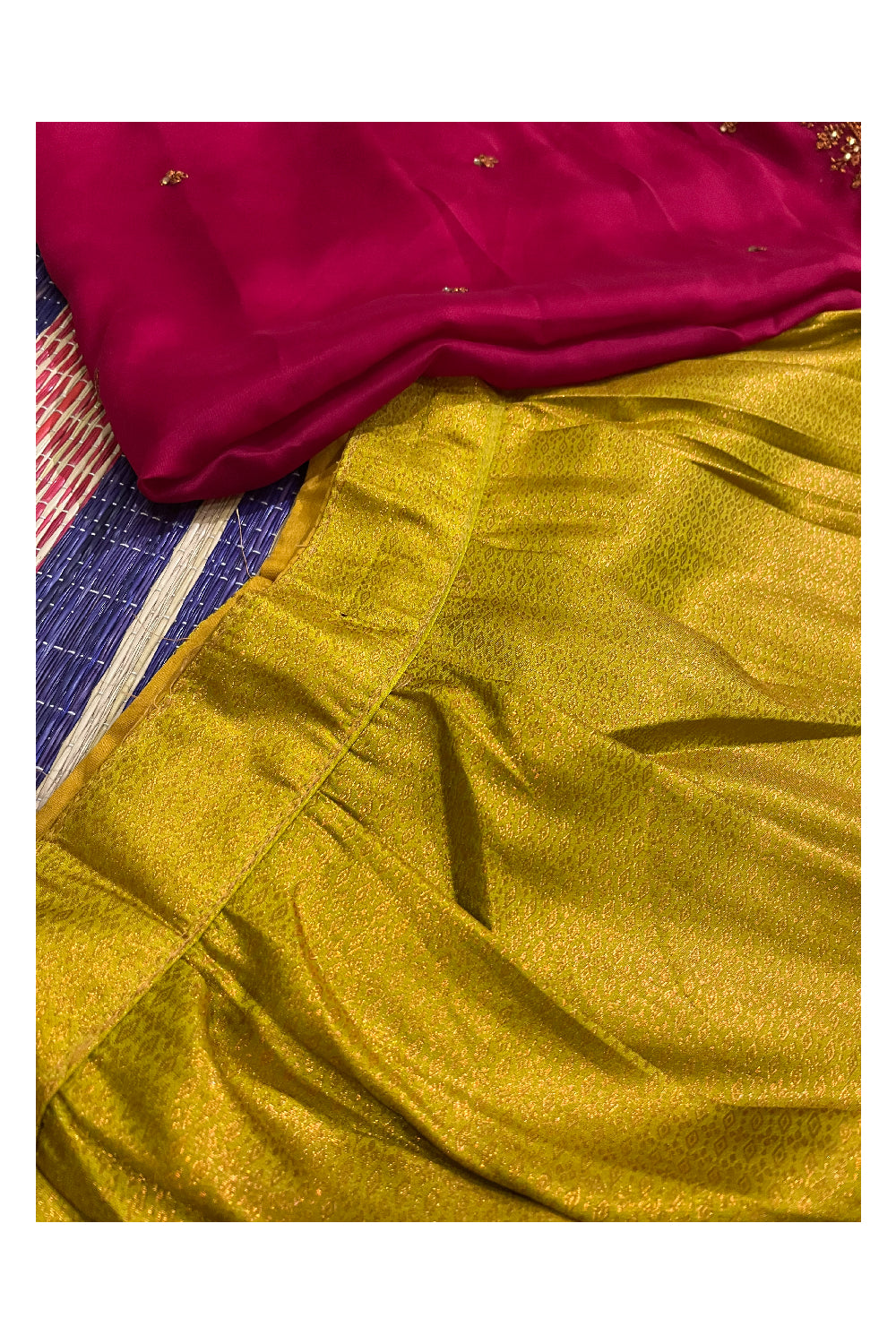 Semi Stitched Premium Semi SIlk Golden Yellow Dhavani Set with Red Neriyathu and Blouse Piece