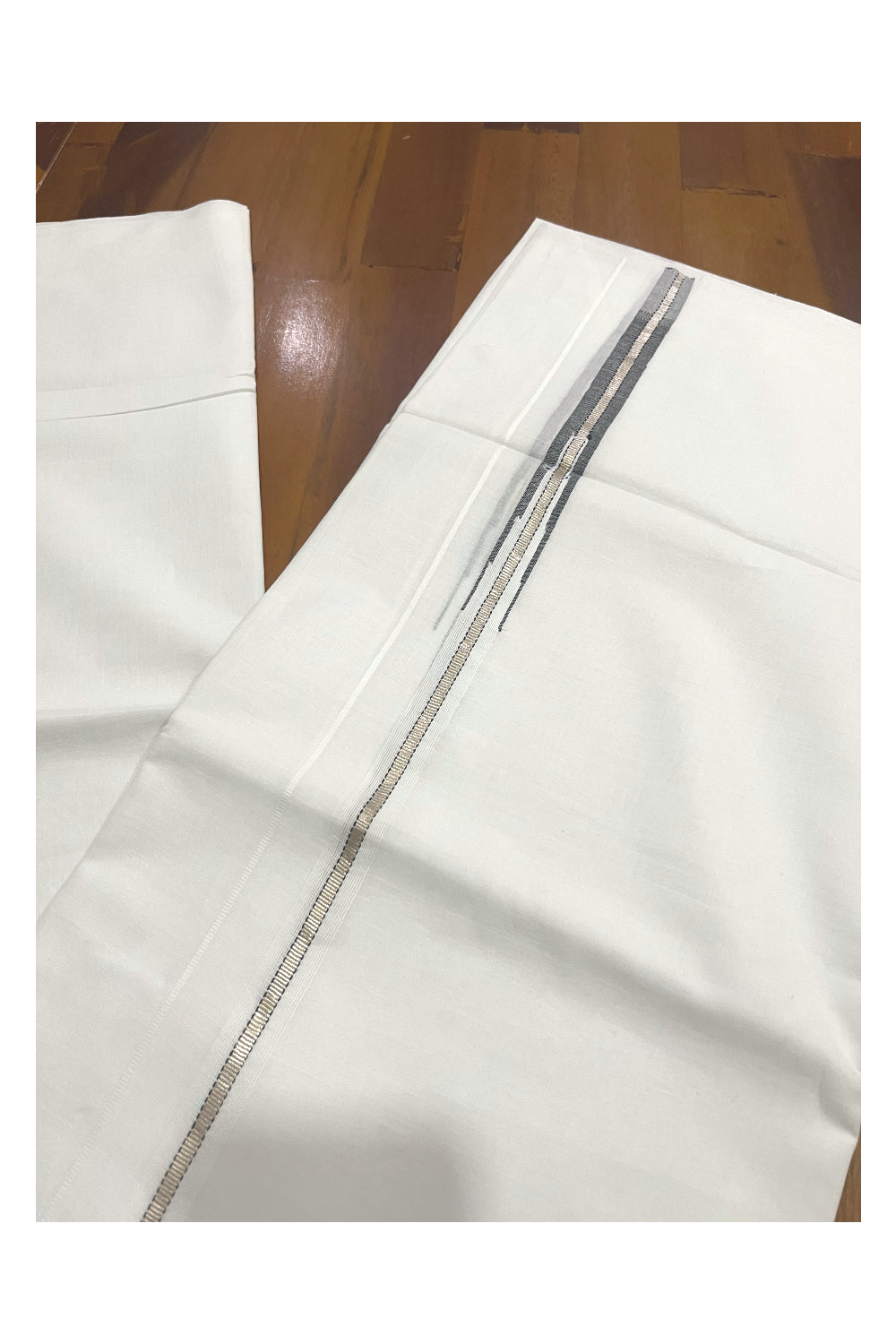 Pure White Cotton Double Mundu with Silver Blue Chutti Kara (South Indian Kerala Dhoti)