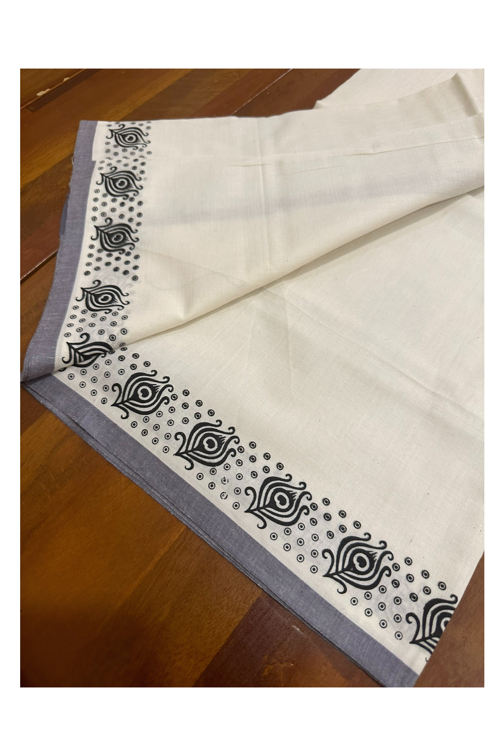 Kerala Cotton Set Mundu (Mundum Neriyathum) with Block Prints on Grey Border (Onam Set Mundu 2023)