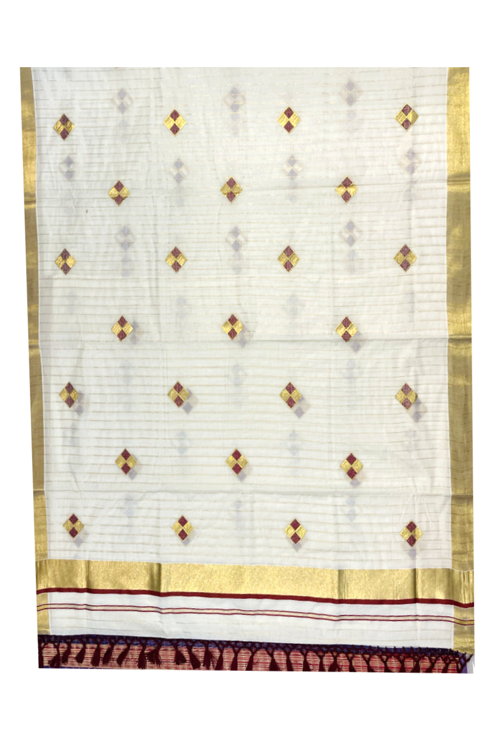 Kerala Cotton Kasavu Lines Saree with Maroon and Golden Diagonal Embroidery Work