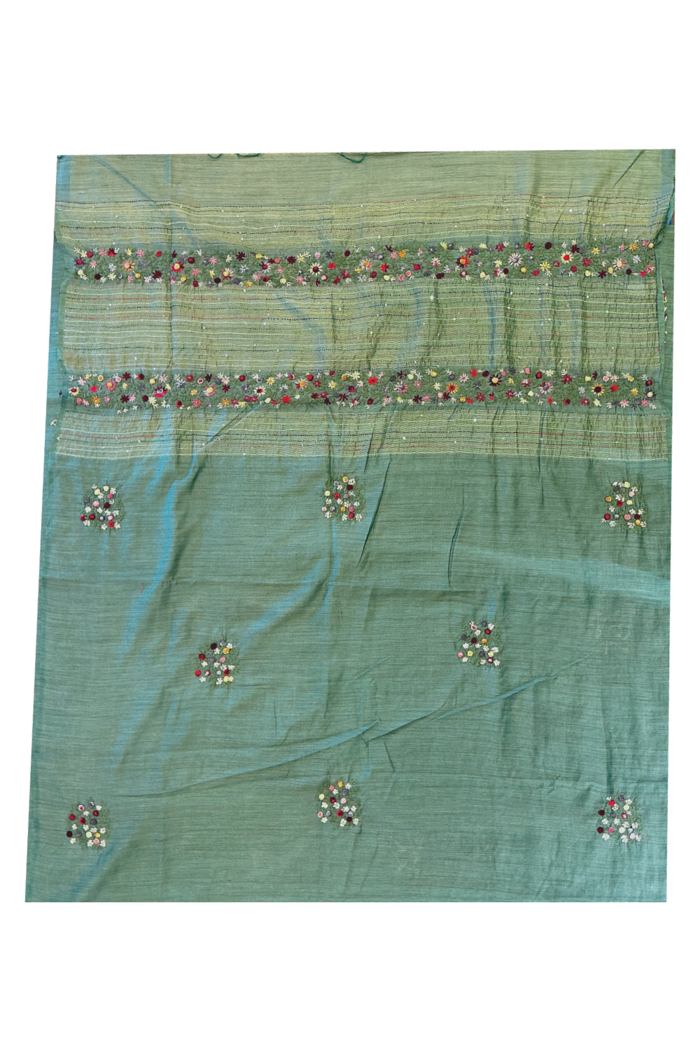 Southloom Green Linen Saree with Floral Hand Embroidered works