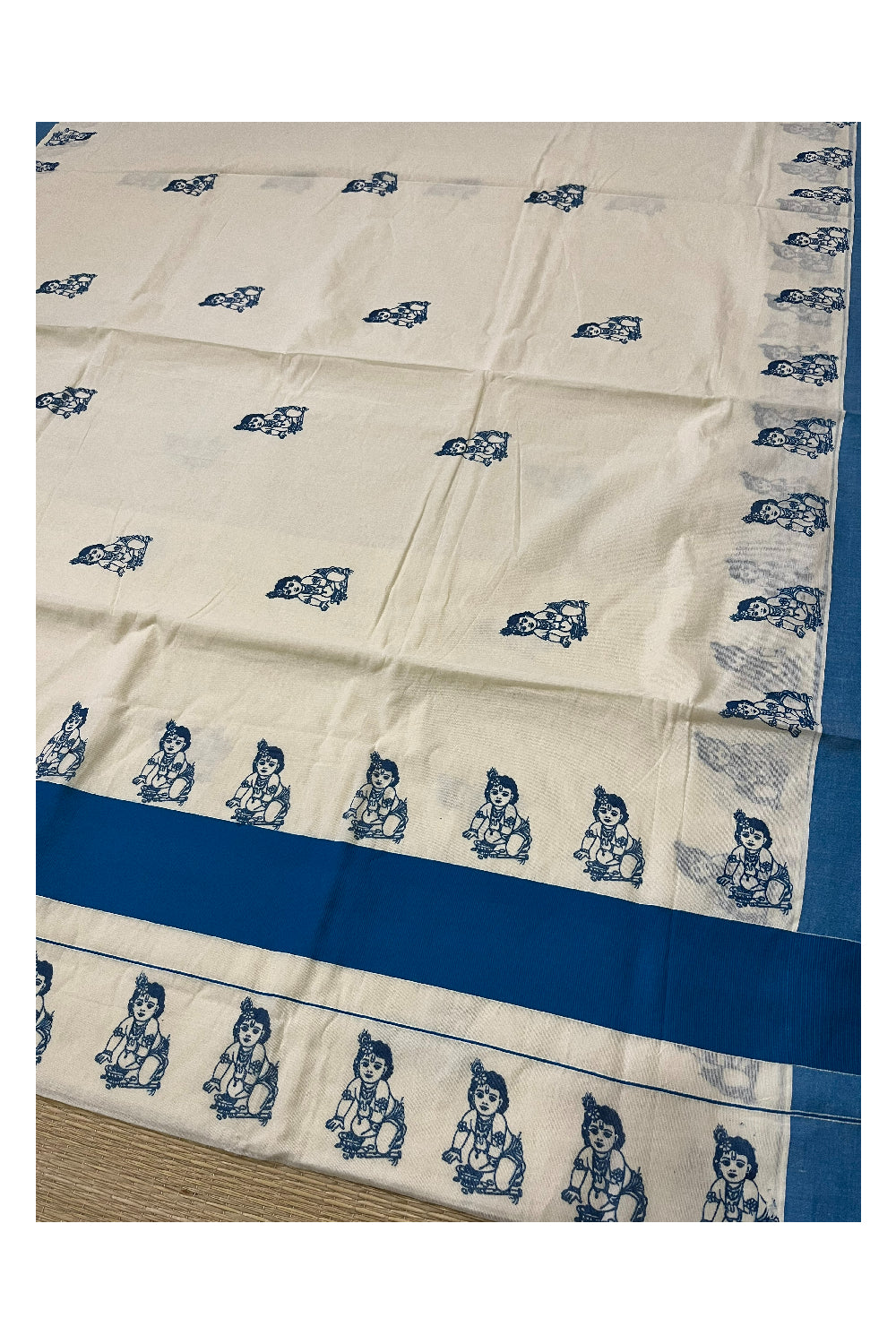 Pure Cotton Kerala Saree with Blue Krishna Block Printed Border (Onam Saree 2023)