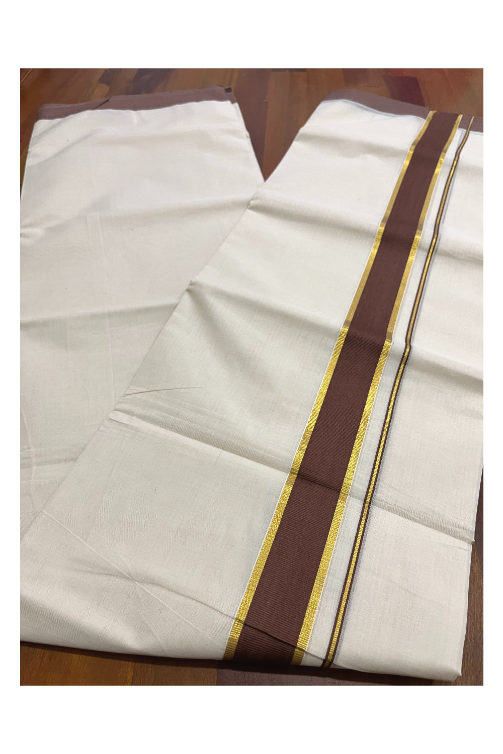 Pure Cotton 100x100 Double Mundu with Kasavu and Brown Kara (Onam Mundu 2023)