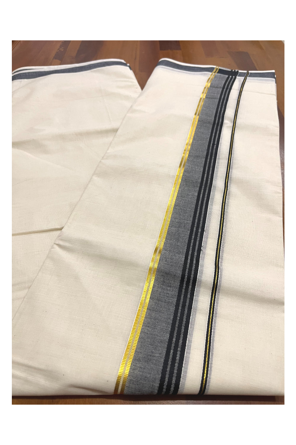 Pure Cotton Kerala Double Mundu with Black and Kasavu Kara (South Indian Kerala Dhoti)