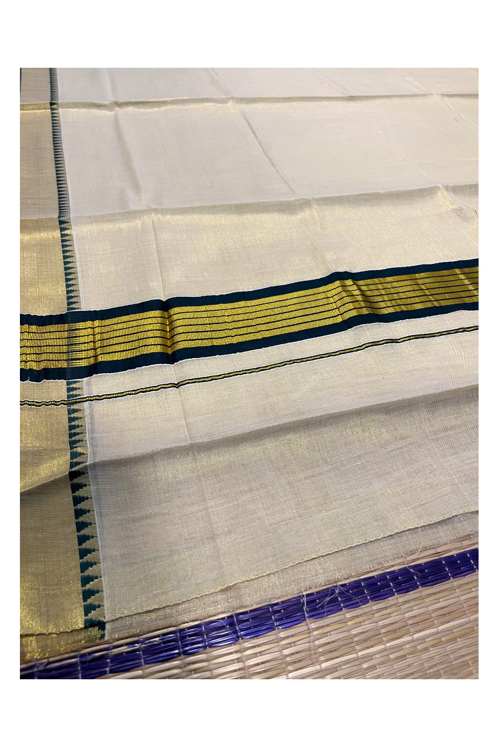 Kerala Tissue Kasavu Saree With Green Temple Woven Works on Border