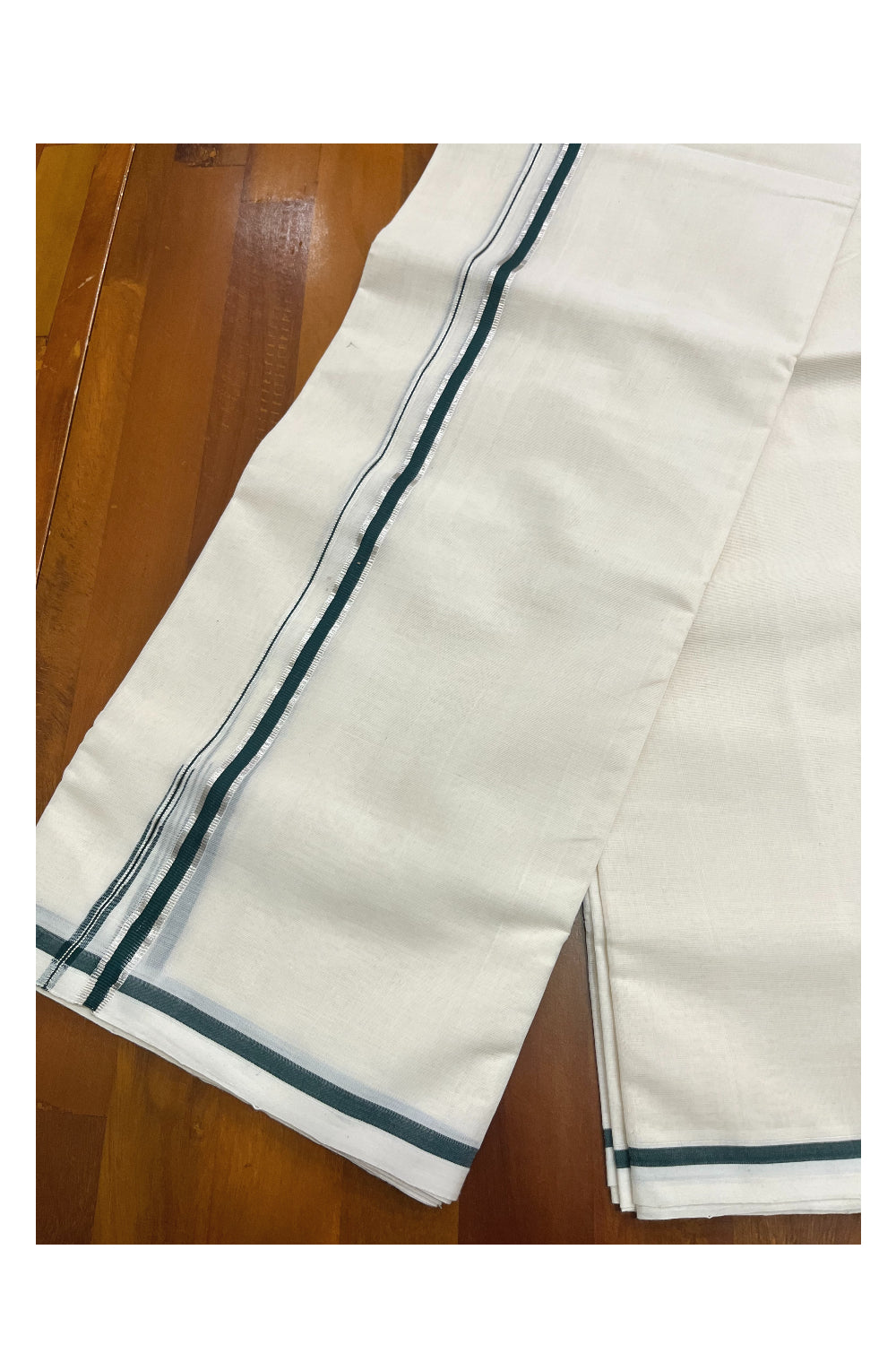 Premium Balaramapuram Handloom Pure Cotton Double Mundu with Green and Silver Puliyilakkara Kasavu Border (Vishu 2024 Collection)