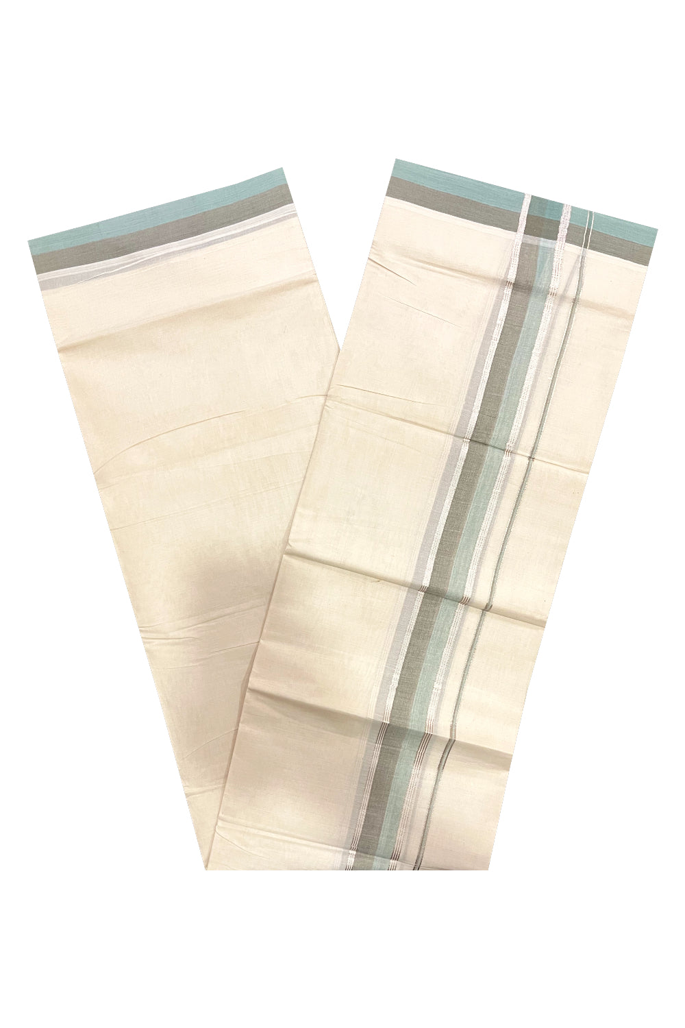 Kerala Pure Cotton Double Mundu with Turquoise Grey and Silver Kasavu Border (South Indian Kerala Dhoti)