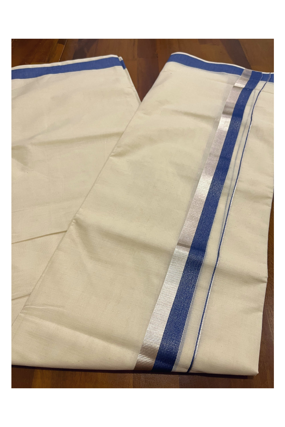 Kerala Cotton Double Mundu with Blue and Silver Kasavu Border (Onam Mundu 2023)