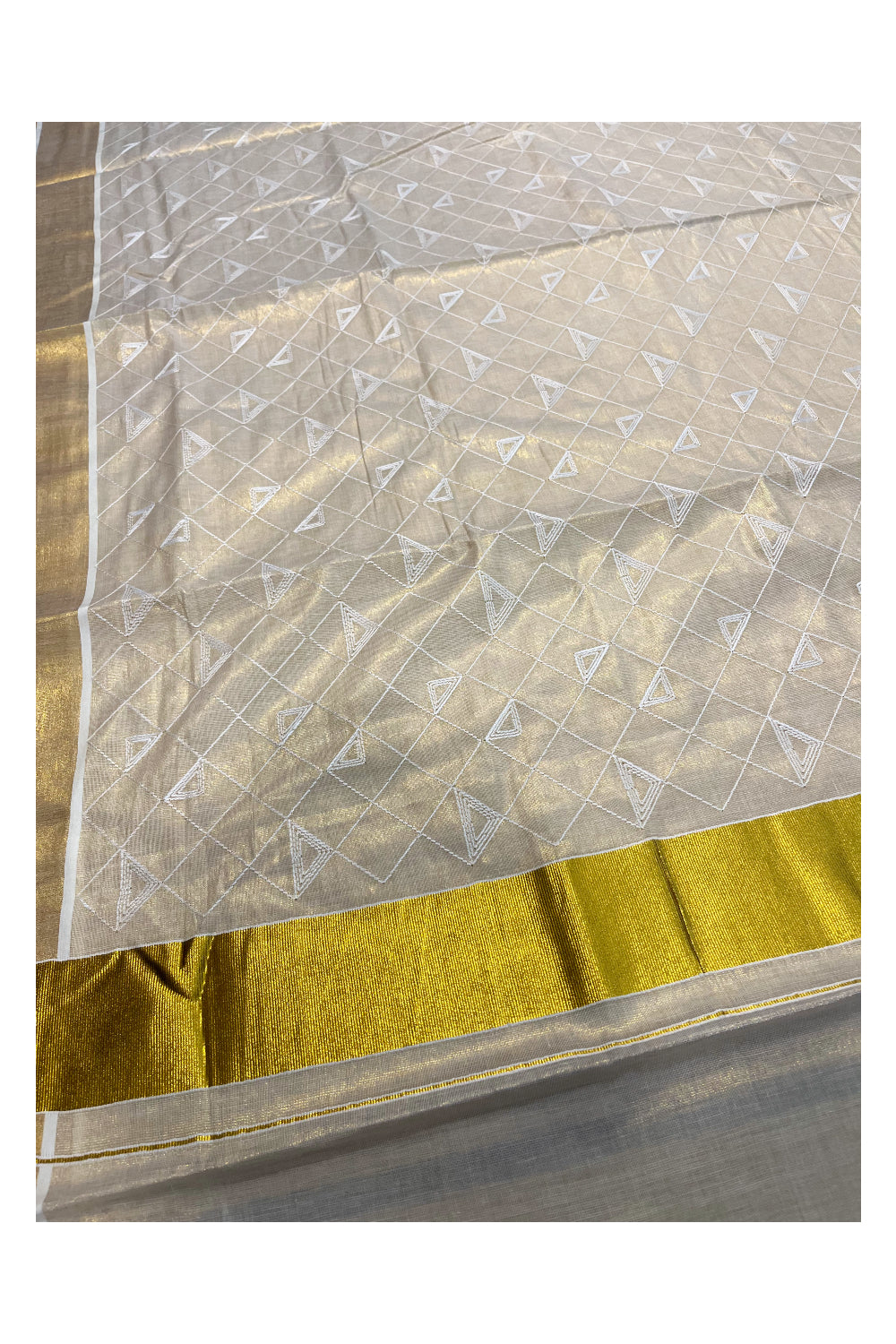 Kerala Tissue Kasavu Saree With White Floral Embroidery Works