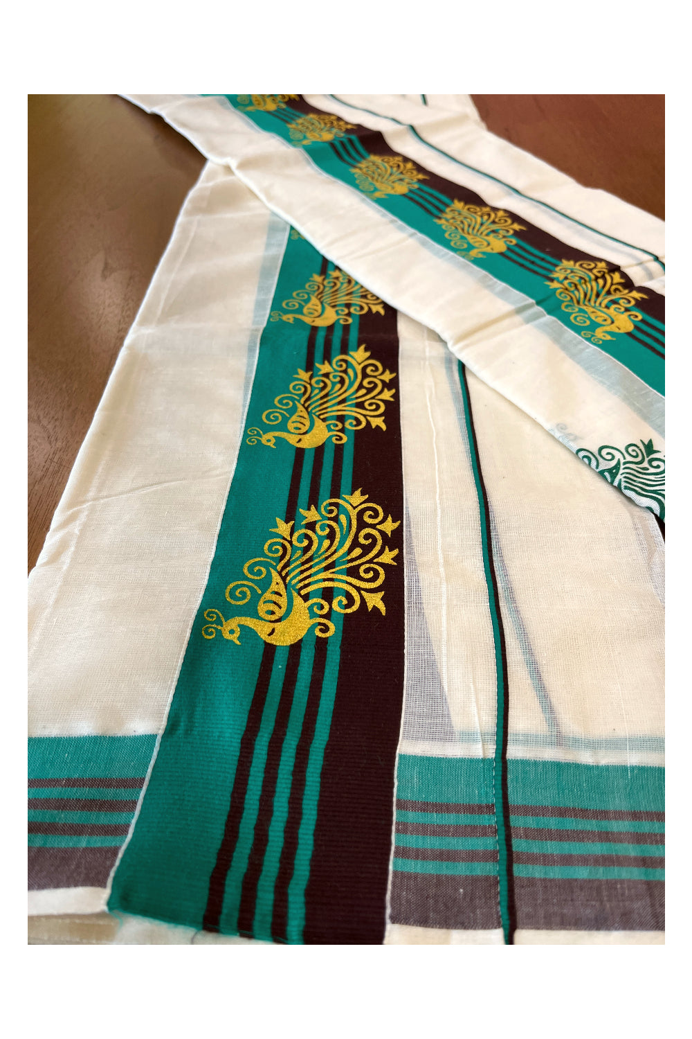 Cotton Single Set Mundu (Mundu Neriyathum) with Peacock Block Prints on Green and Brown Border