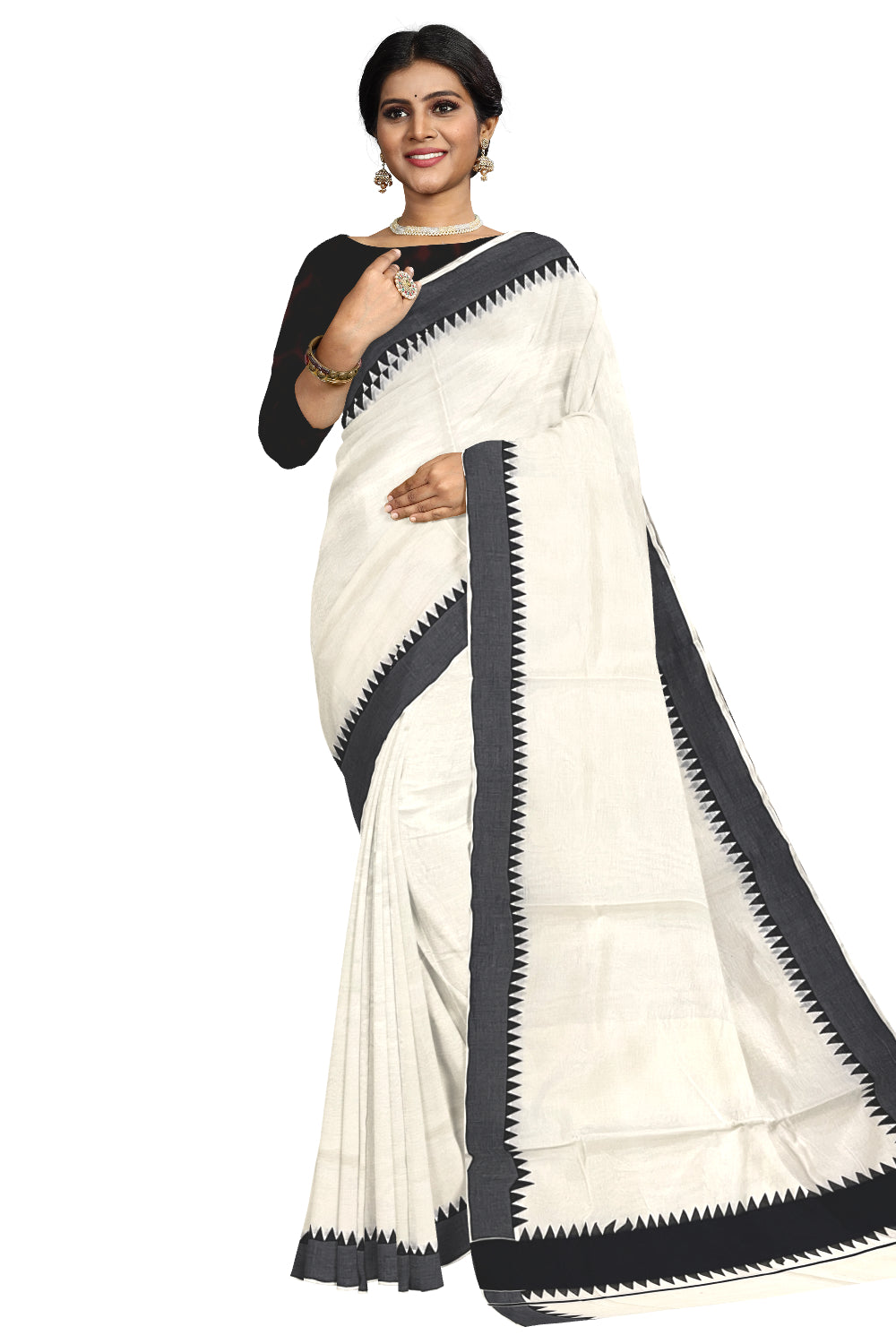 Kerala Pure Cotton Saree with Black Temple Block Prints on Border