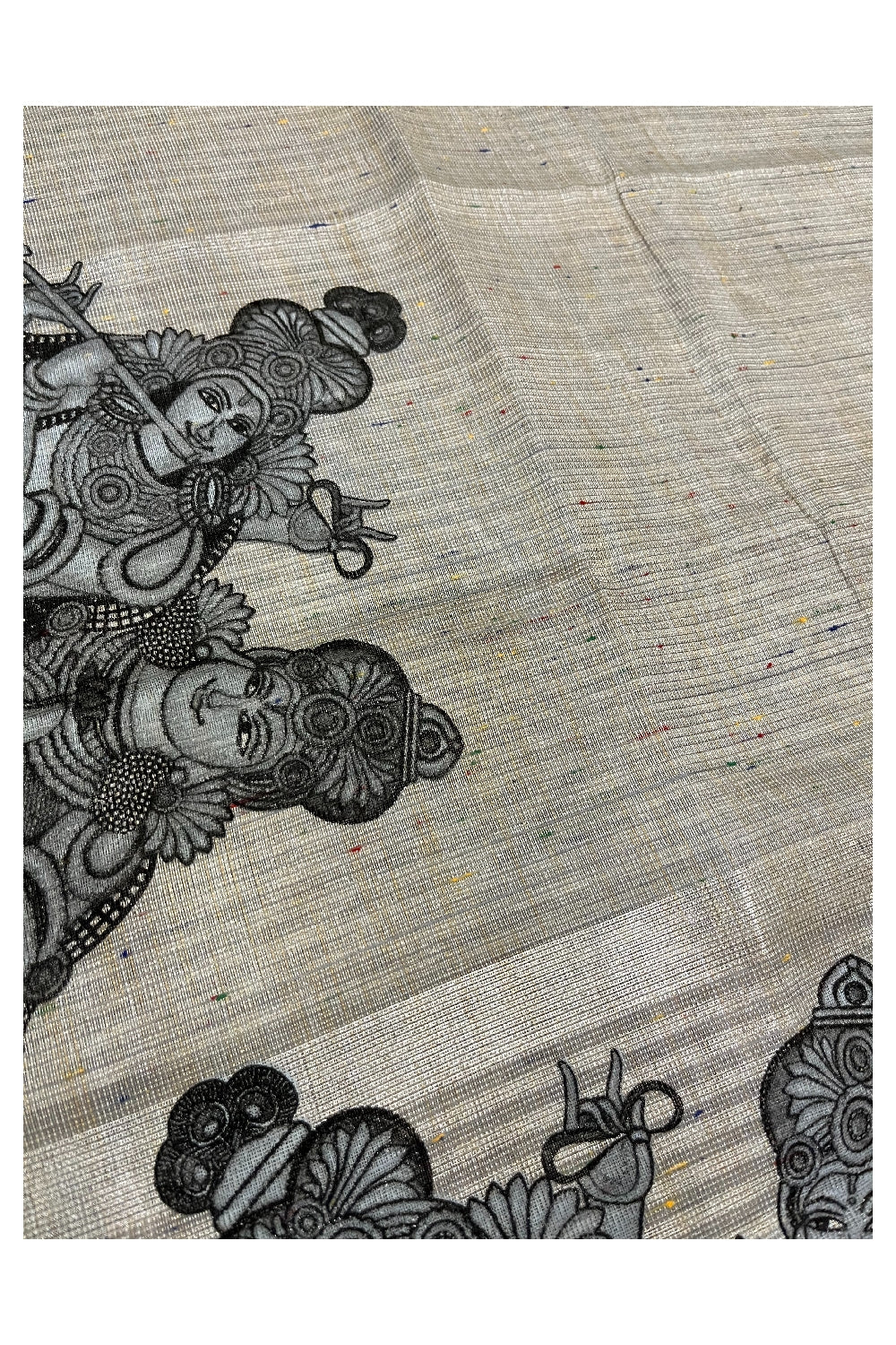 Kerala Silver Tissue Kasavu Mural Printed Krishna Radha Face Saree with Woven Patterns (Vishu 2024 Collection)