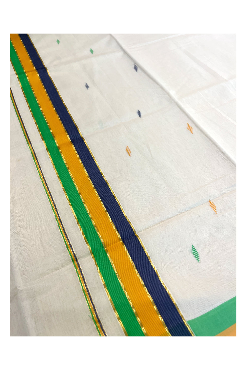 Southloom Premium Balaramapuram Unakkupaavu Handloom Cotton Butta Saree with Grey,Orange,Green and Kasavu Border