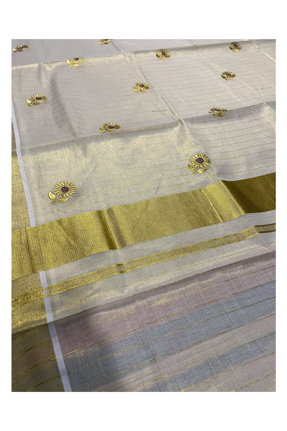 Kerala Tissue Kasavu Stripes Saree with Violet Floral Embroidery Design on Body