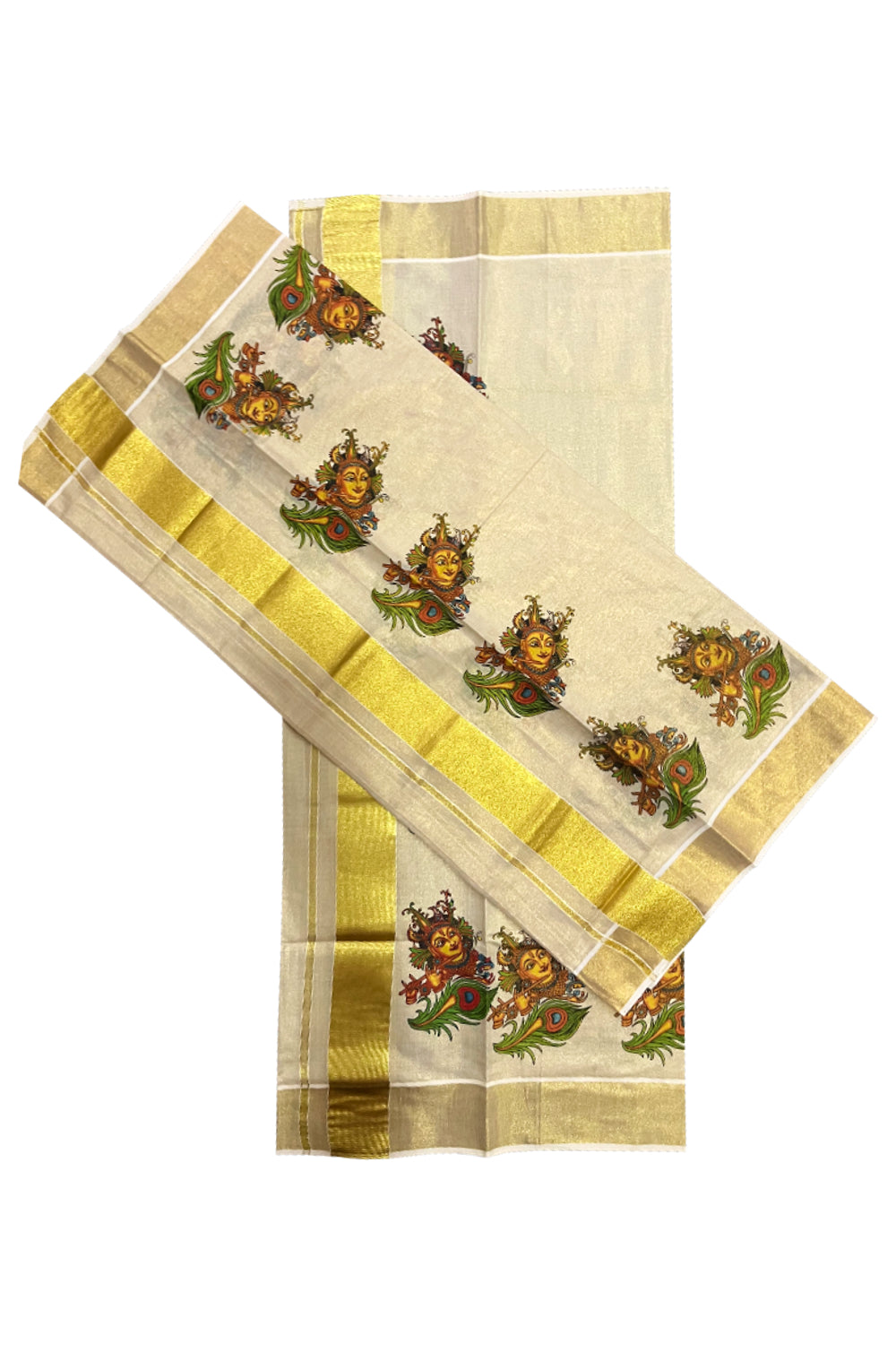 Kerala Tissue Kasavu Set Mundu (Mundum Neriyathum) with Krishna Mural Printed Design (Onam Set Mundu 2023)