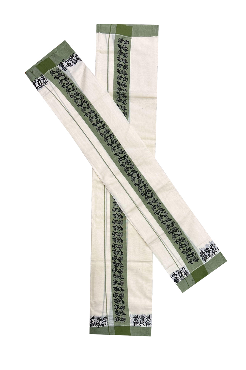 Kerala Cotton Single Set Mundu (Mundum Neriyathum) with Block Prints on Green Border (Onam set Mundu 2023)