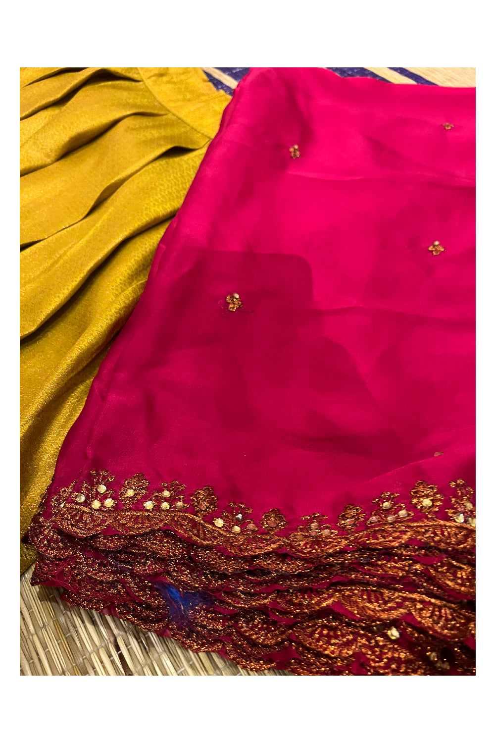 Semi Stitched Premium Semi SIlk Golden Yellow Dhavani Set with Red Neriyathu and Blouse Piece