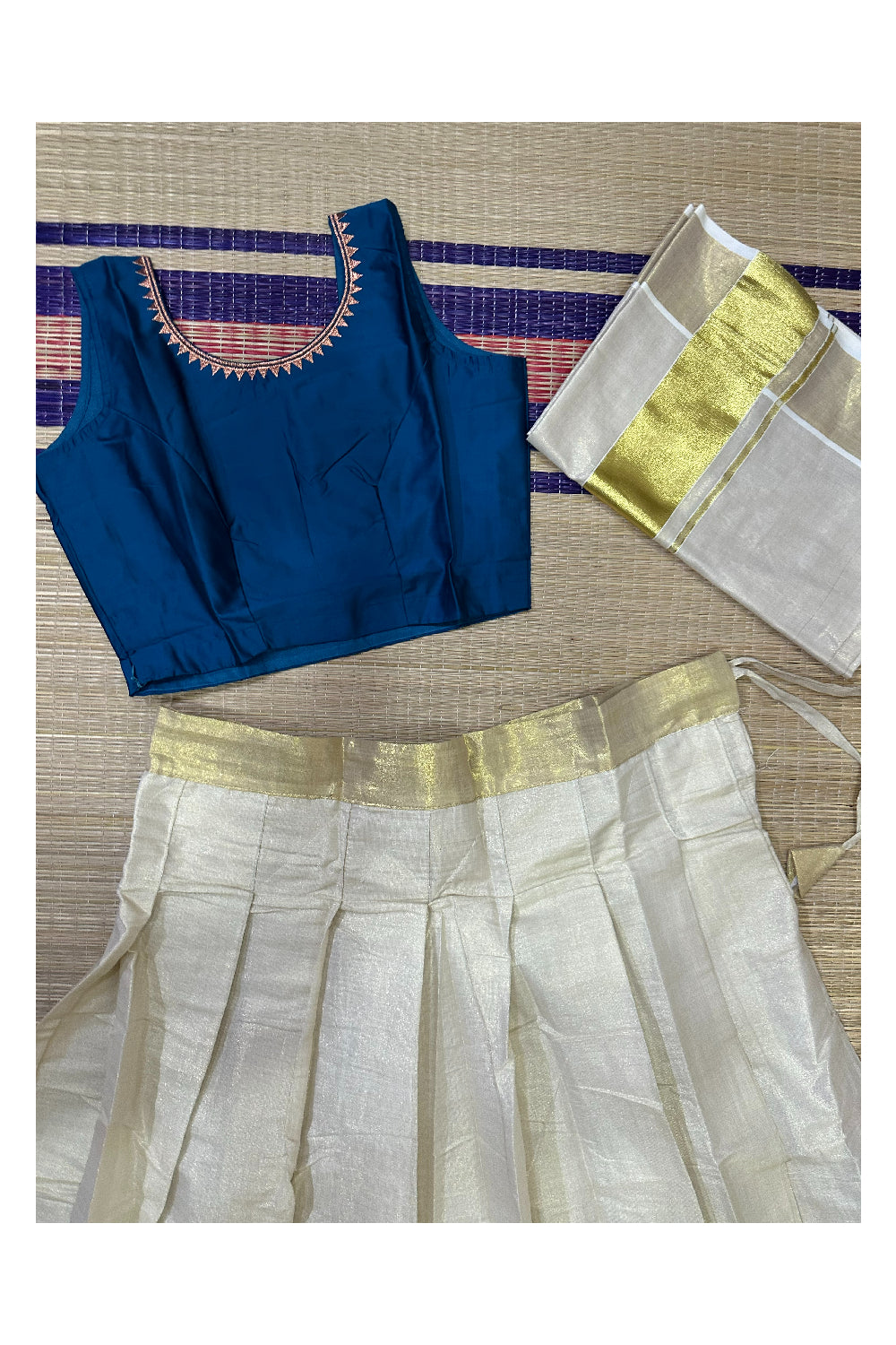 Stitched Dhavani Set with Tissue Pavada and Blue Readymade Blouse