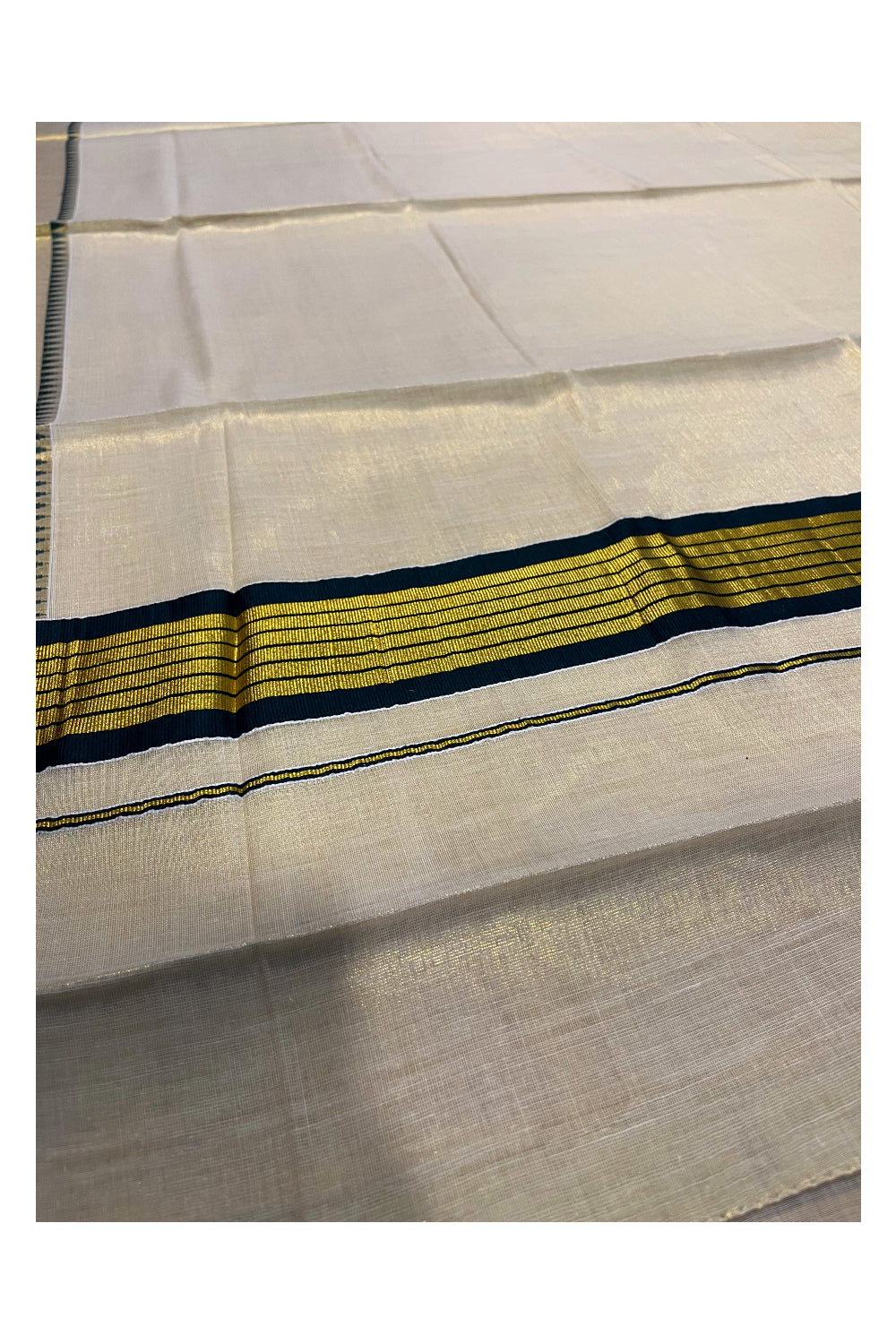 Kerala Tissue Kasavu Saree With Green Temple Woven Works on Border