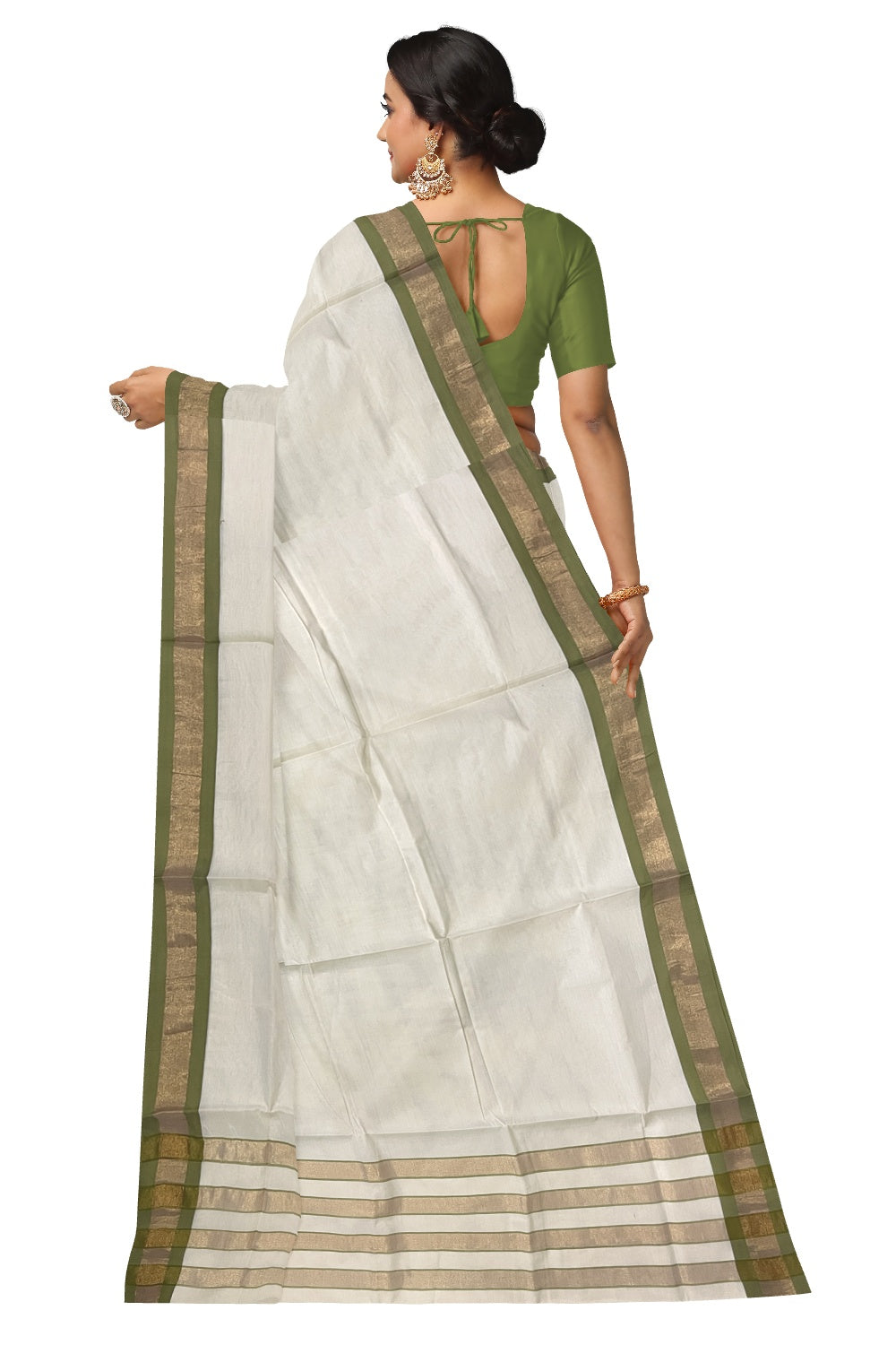 Pure Cotton Kerala Plain Saree with Kasavu and Green Border and Lines Design on Pallu