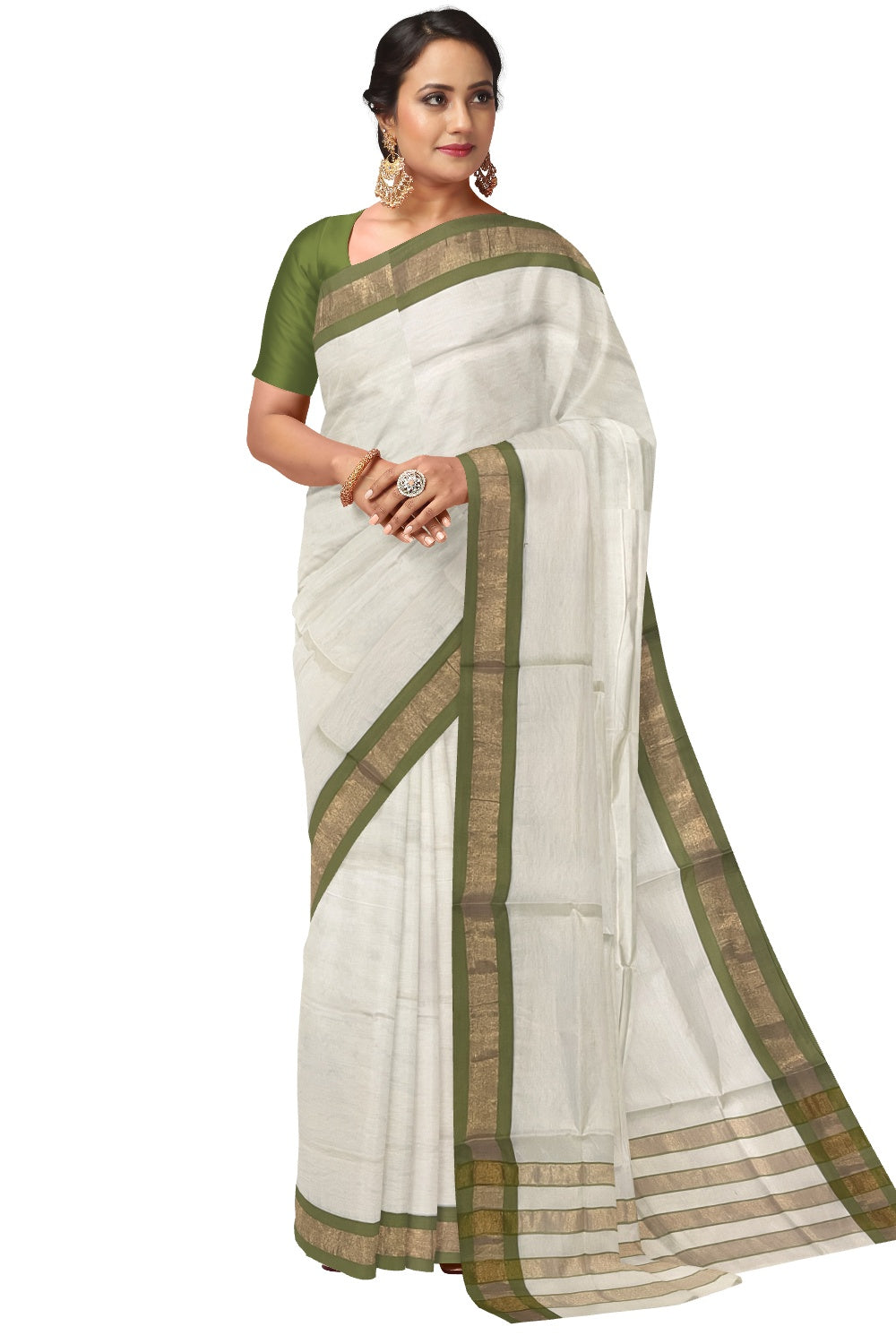 Pure Cotton Kerala Plain Saree with Kasavu and Green Border and Lines Design on Pallu