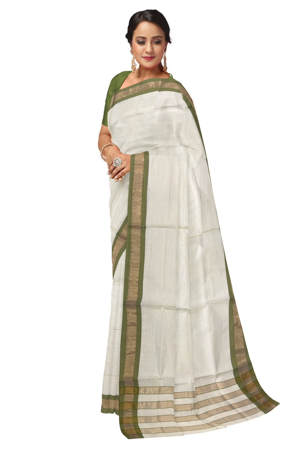 Pure Cotton Kerala Plain Saree with Kasavu and Green Border and Lines Design on Pallu