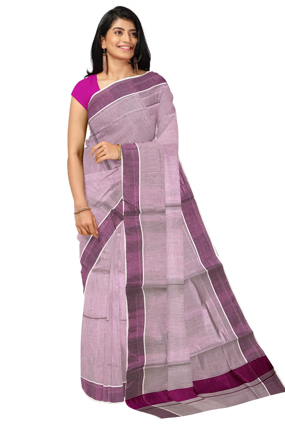 Kerala Tissue Dark Pink Kasavu Plain Saree with 3 Inch Border and Pallu (Onam Saree 2023)