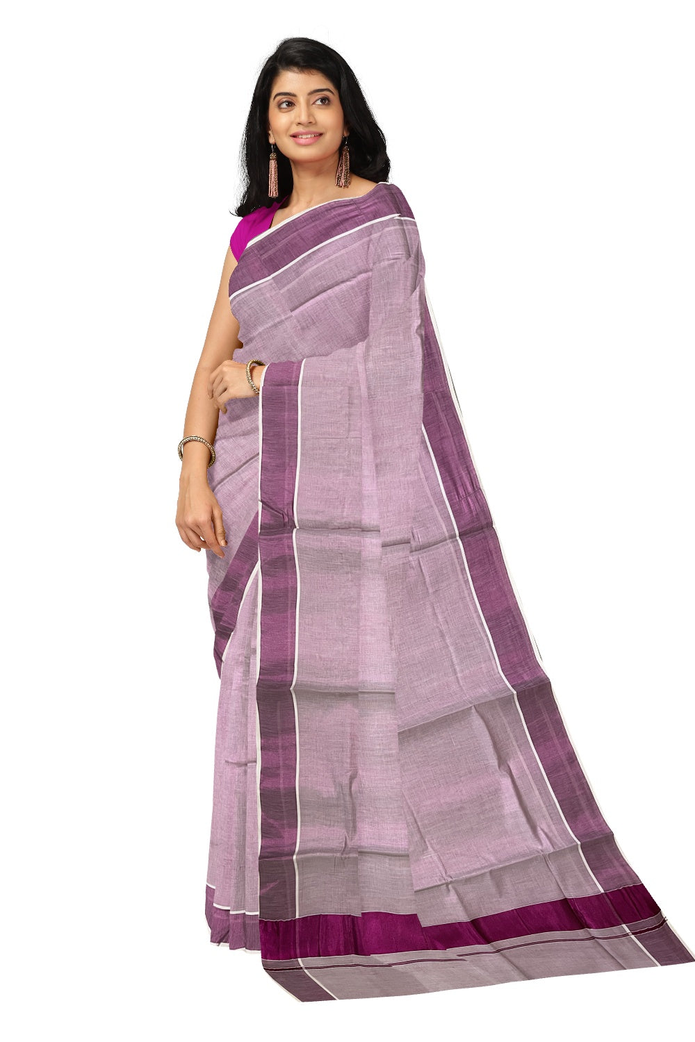 Kerala Tissue Dark Pink Kasavu Plain Saree with 3 Inch Border and Pallu (Onam Saree 2023)