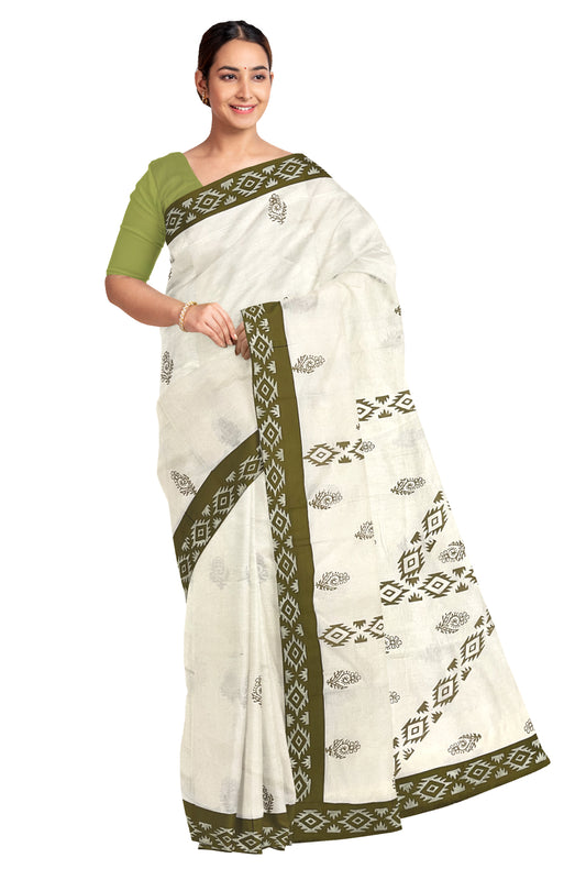 Pure Cotton Onam 2023 Kerala Saree with Hand Block Olive Green Batik Prints