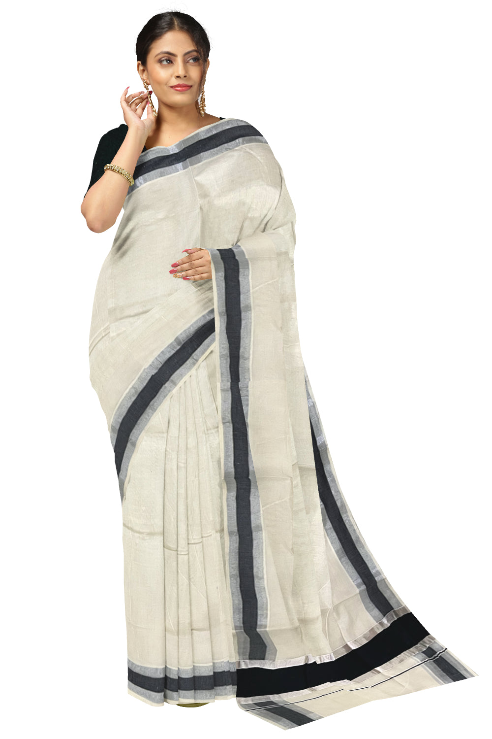 Pure Cotton Kerala Saree with Black and Silver Kasavu Border