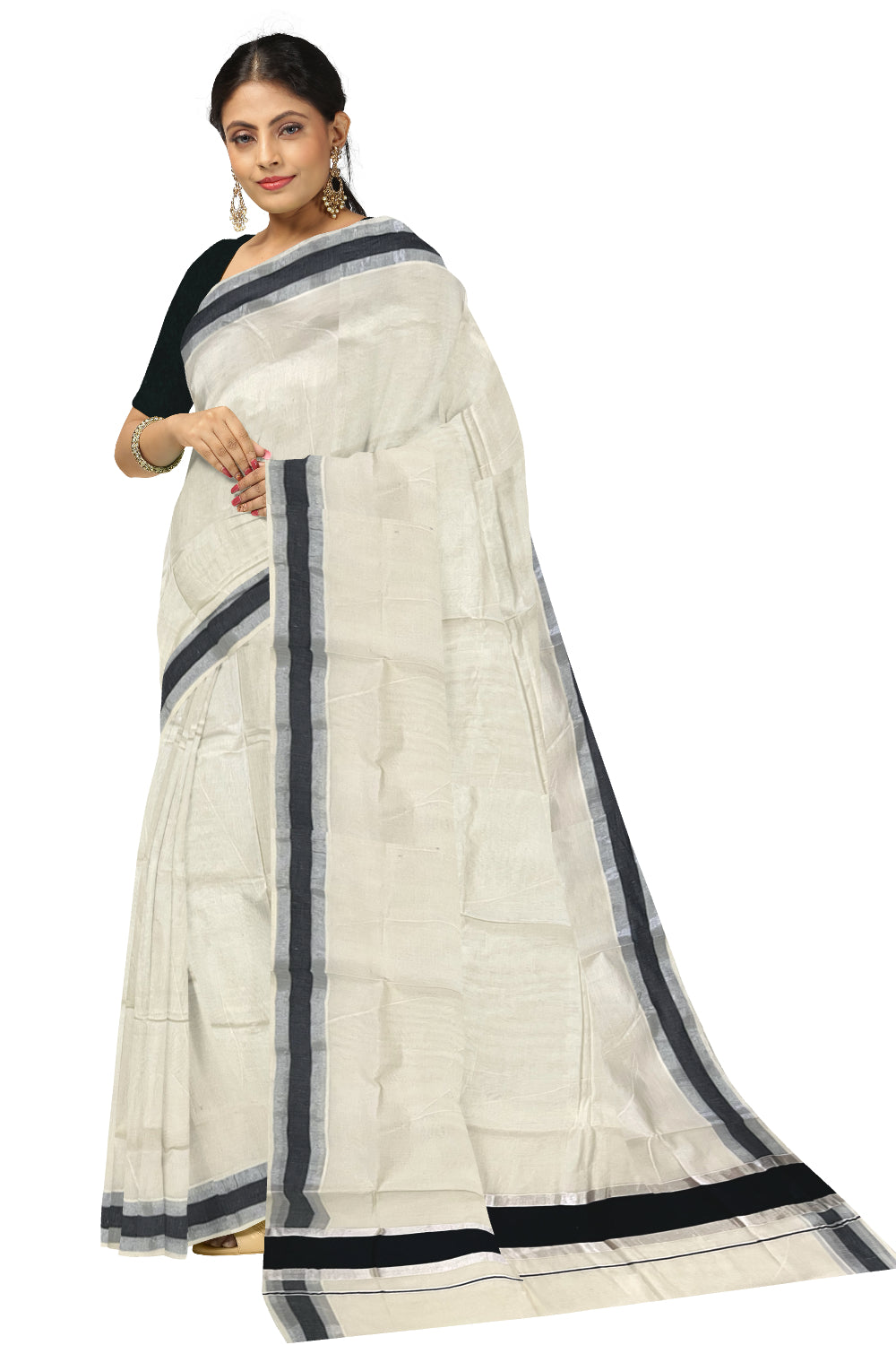 Pure Cotton Kerala Saree with Black and Silver Kasavu Border