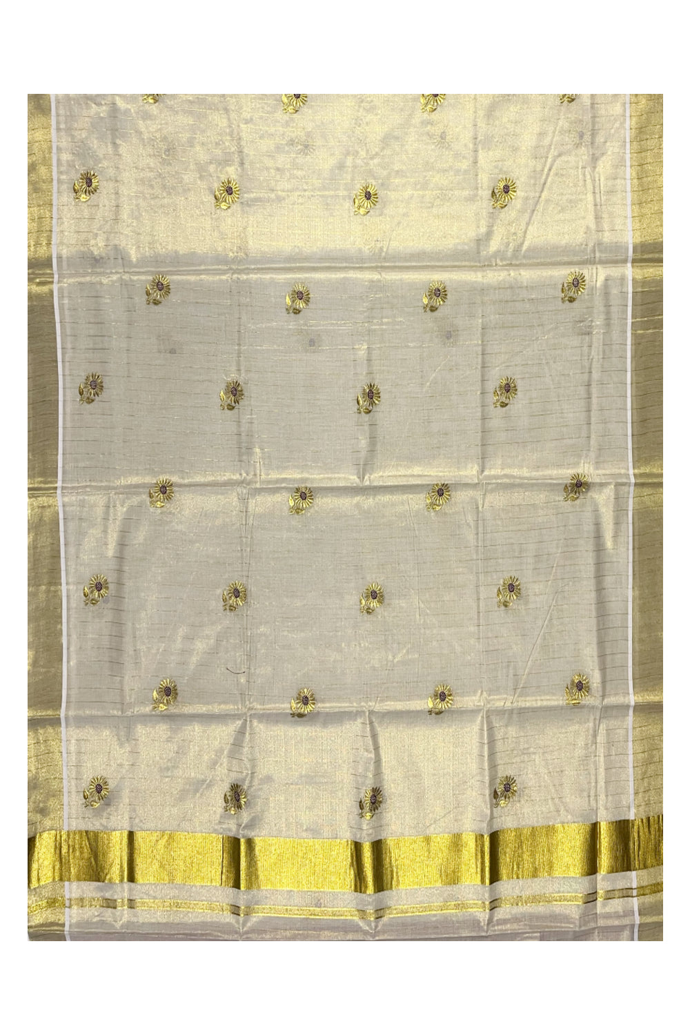 Kerala Tissue Kasavu Stripes Saree with Violet Floral Embroidery Design on Body