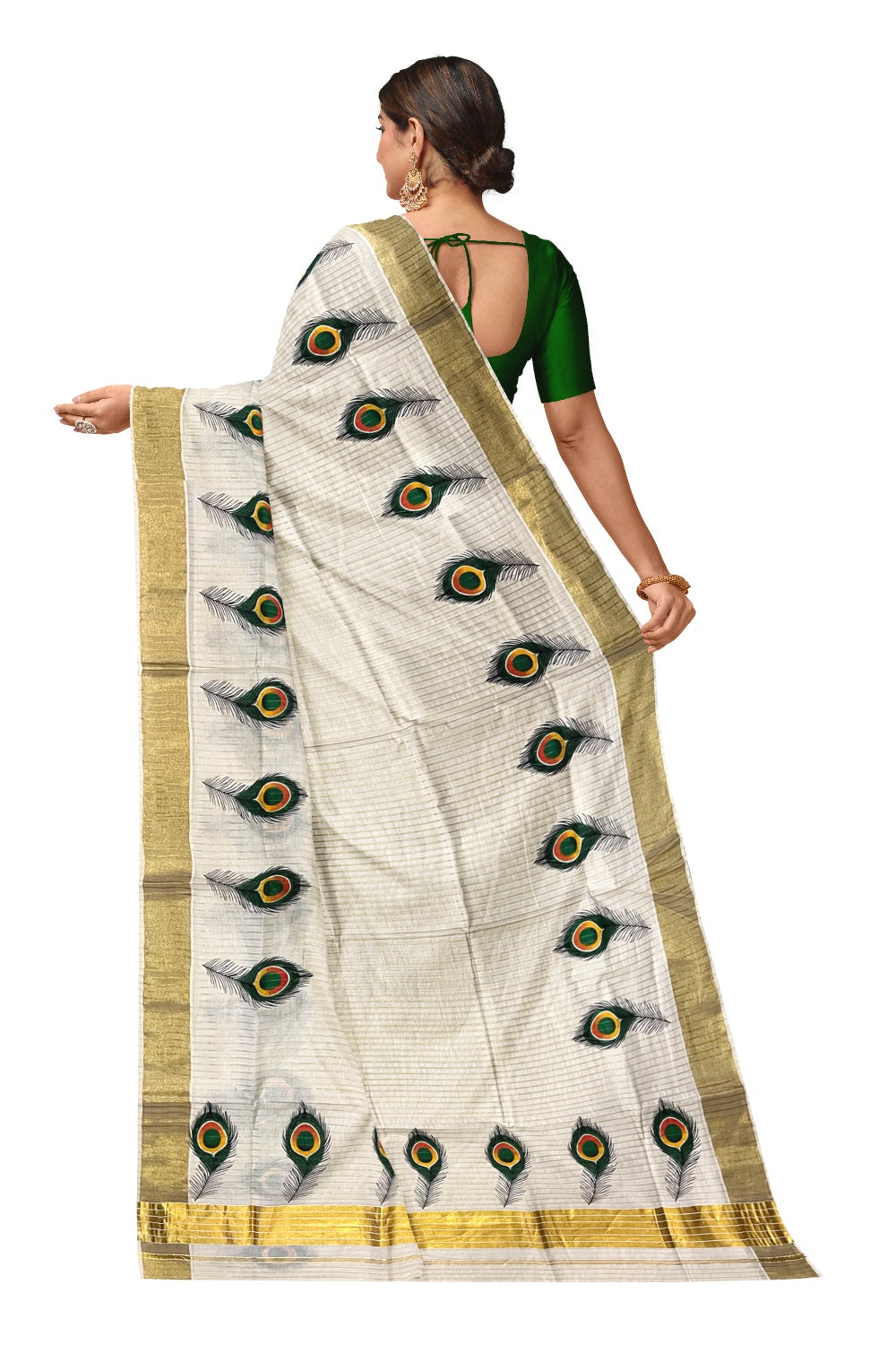 Pure Cotton Kerala Kasavu Lines Design and Feather Mural Work Saree (Onam Saree 2023)