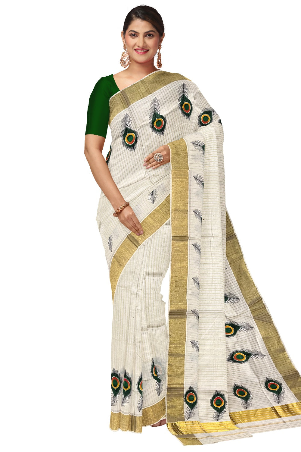 Pure Cotton Kerala Kasavu Lines Design and Feather Mural Work Saree (Onam Saree 2023)