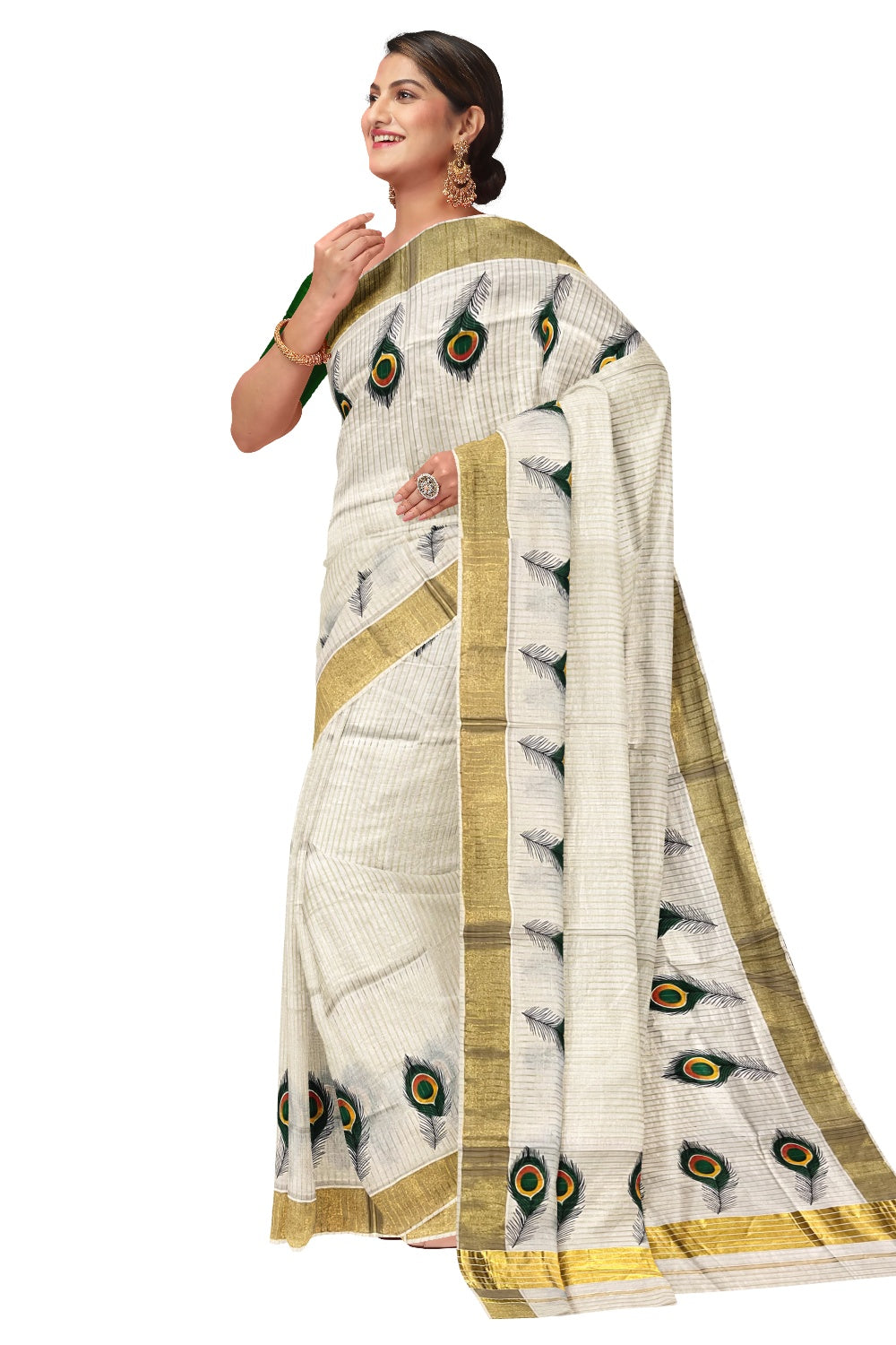 Pure Cotton Kerala Kasavu Lines Design and Feather Mural Work Saree (Onam Saree 2023)