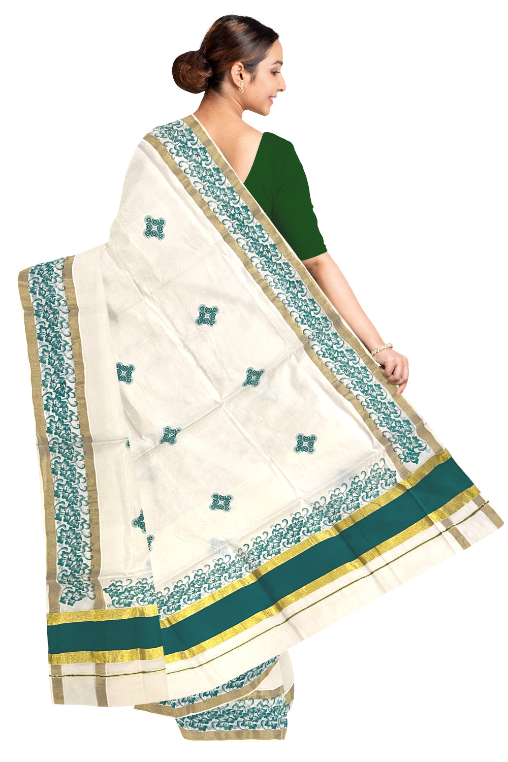 Pure Cotton Kerala Saree with Green Floral Block Printed Kasavu Border