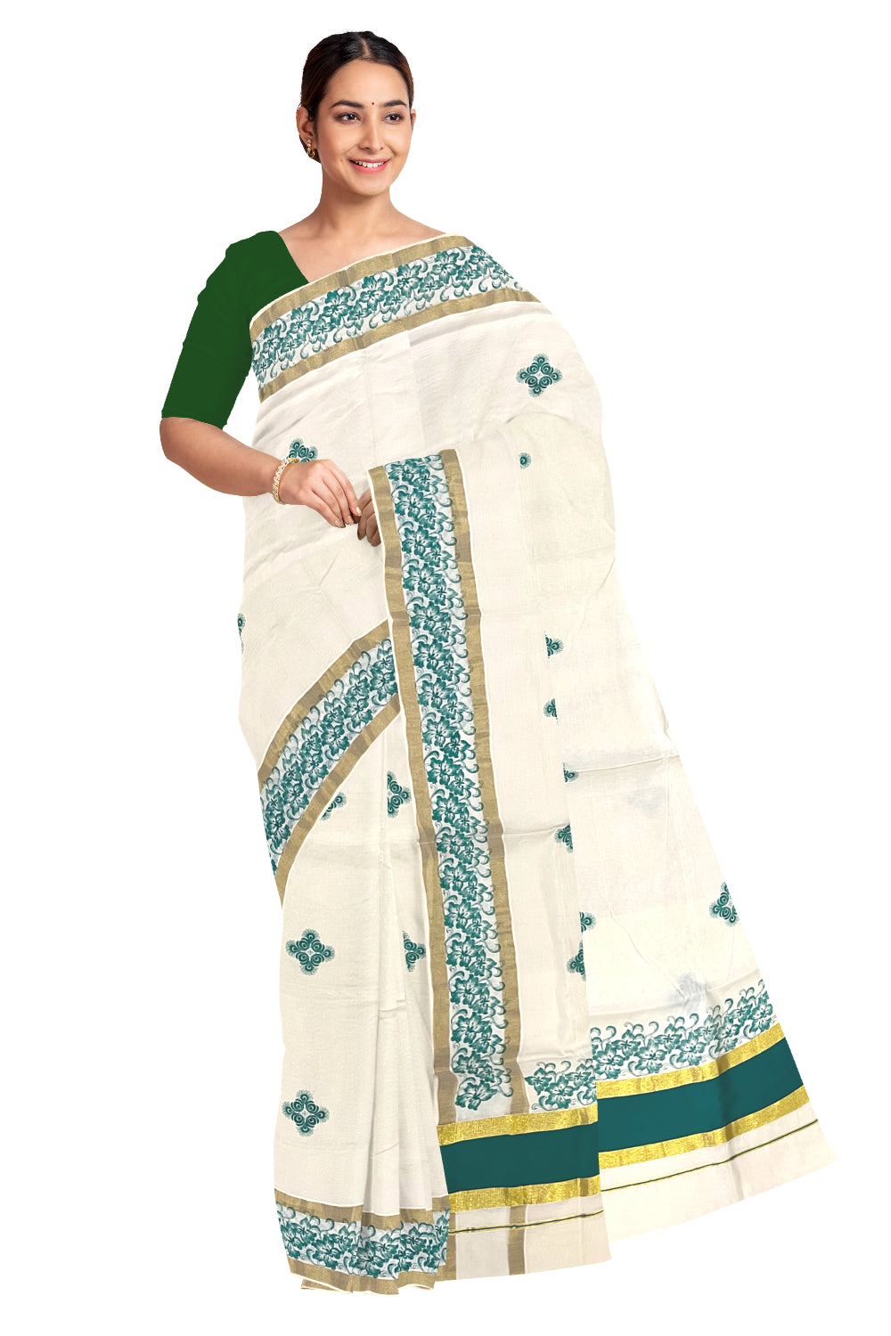 Pure Cotton Kerala Saree with Green Floral Block Printed Kasavu Border