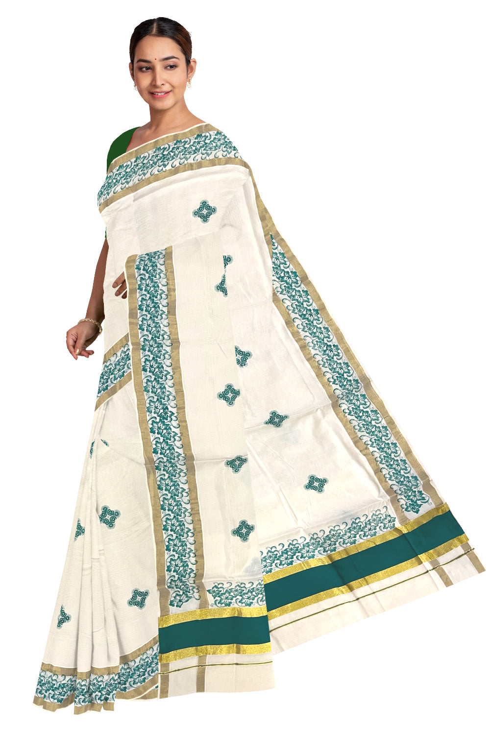 Pure Cotton Kerala Saree with Green Floral Block Printed Kasavu Border