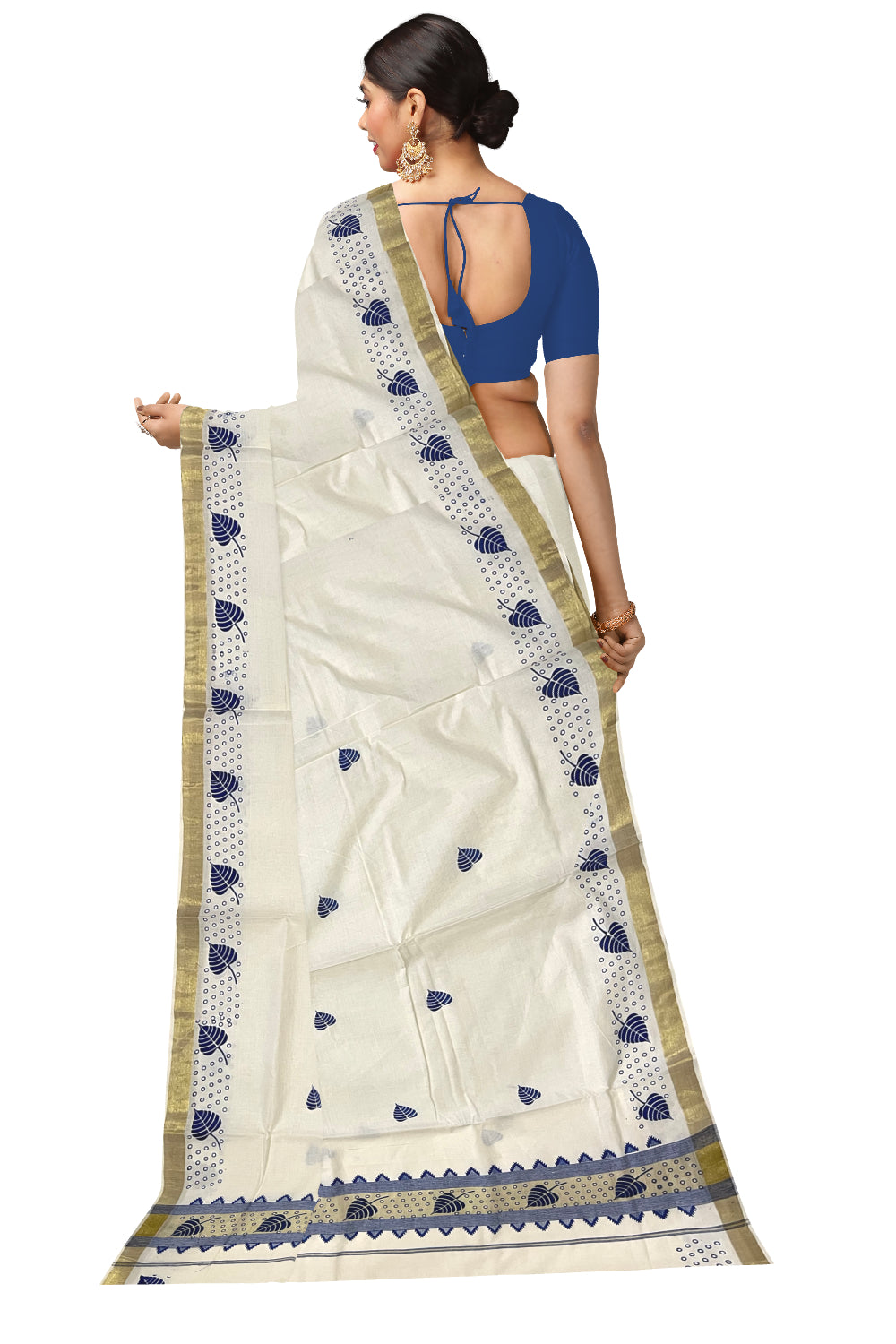 Kerala Cotton Saree with Blue Block Prints on Kasavu Border